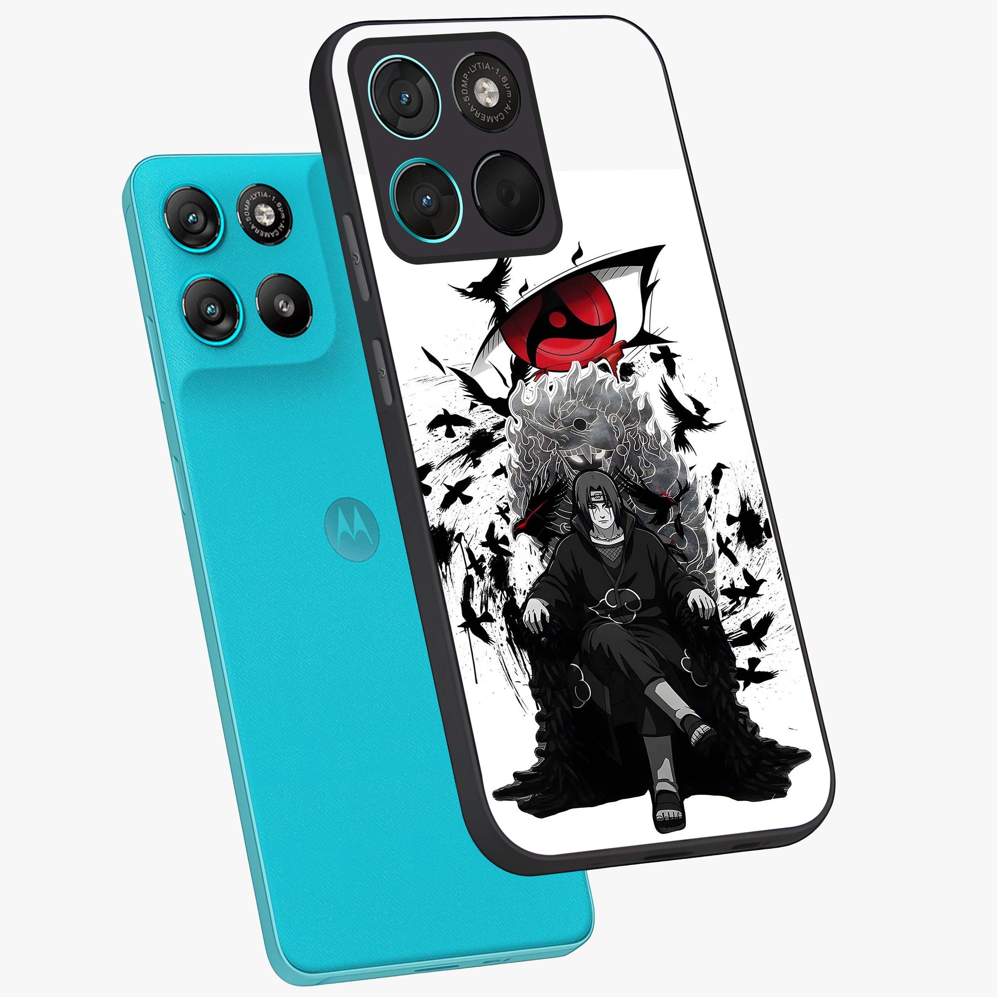 Uchiha Shadow Throne Glass Case displayed in angled mockup highlighting glowing aquatic design with celestial aesthetic.
