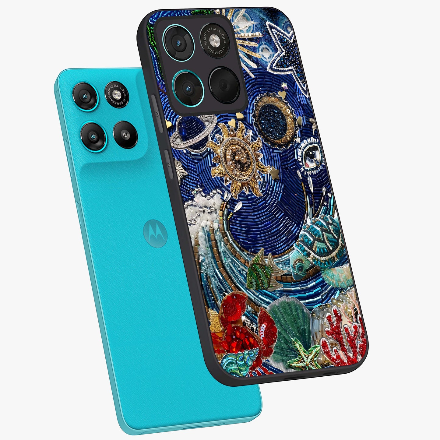 Universe Underwater Spark Glass Case displayed in angled mockup highlighting glowing aquatic design with celestial aesthetic.