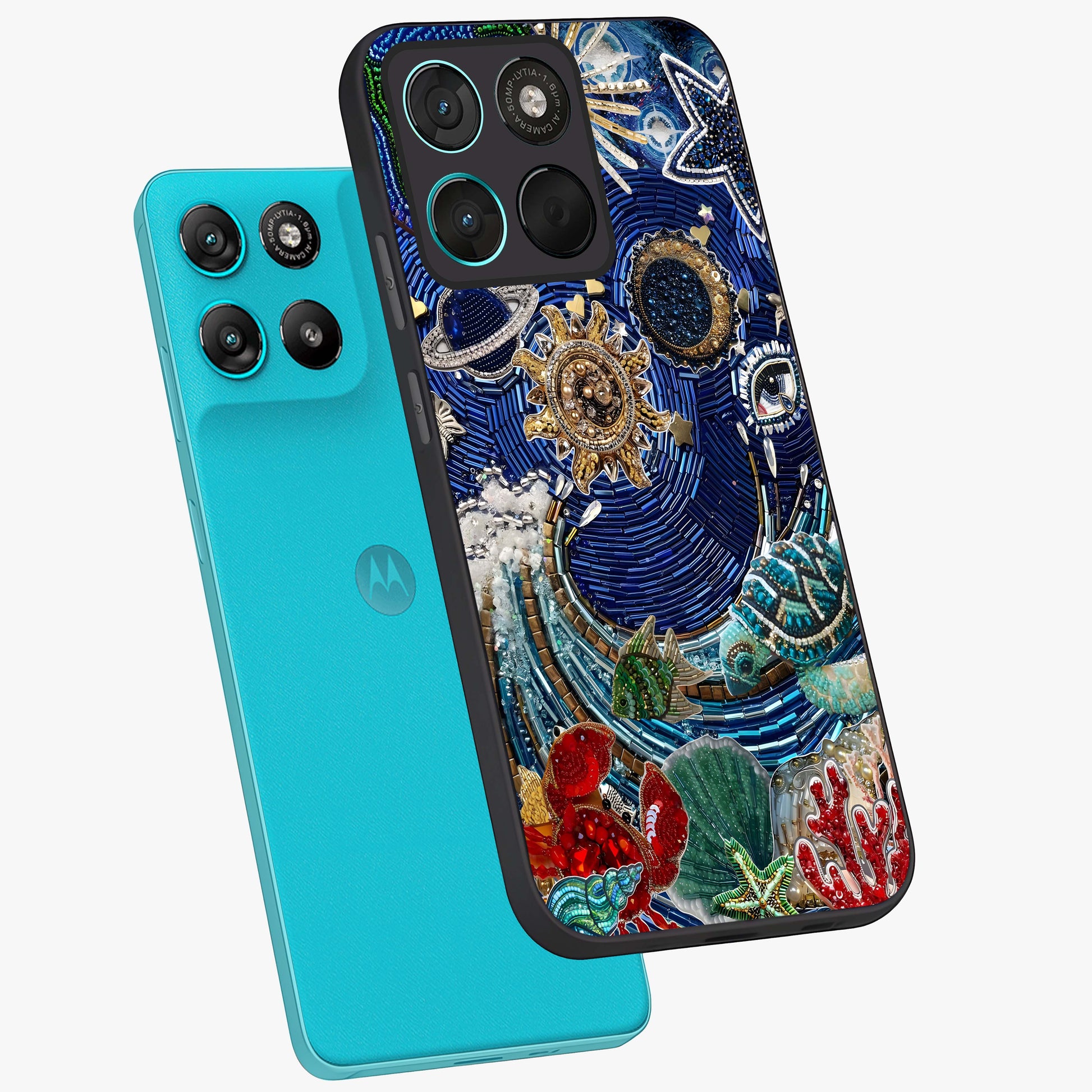 Universe Underwater Spark Glass Case displayed in angled mockup highlighting glowing aquatic design with celestial aesthetic.
