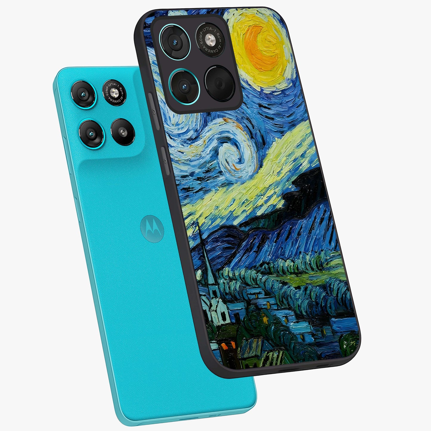 Van Gogh Art Glass Case displayed in angled mockup highlighting swirling brushstroke design with artistic aesthetic.