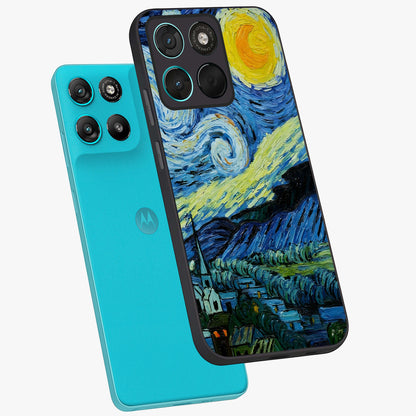 Van Gogh Art Glass Case displayed in angled mockup highlighting swirling brushstroke design with artistic aesthetic.