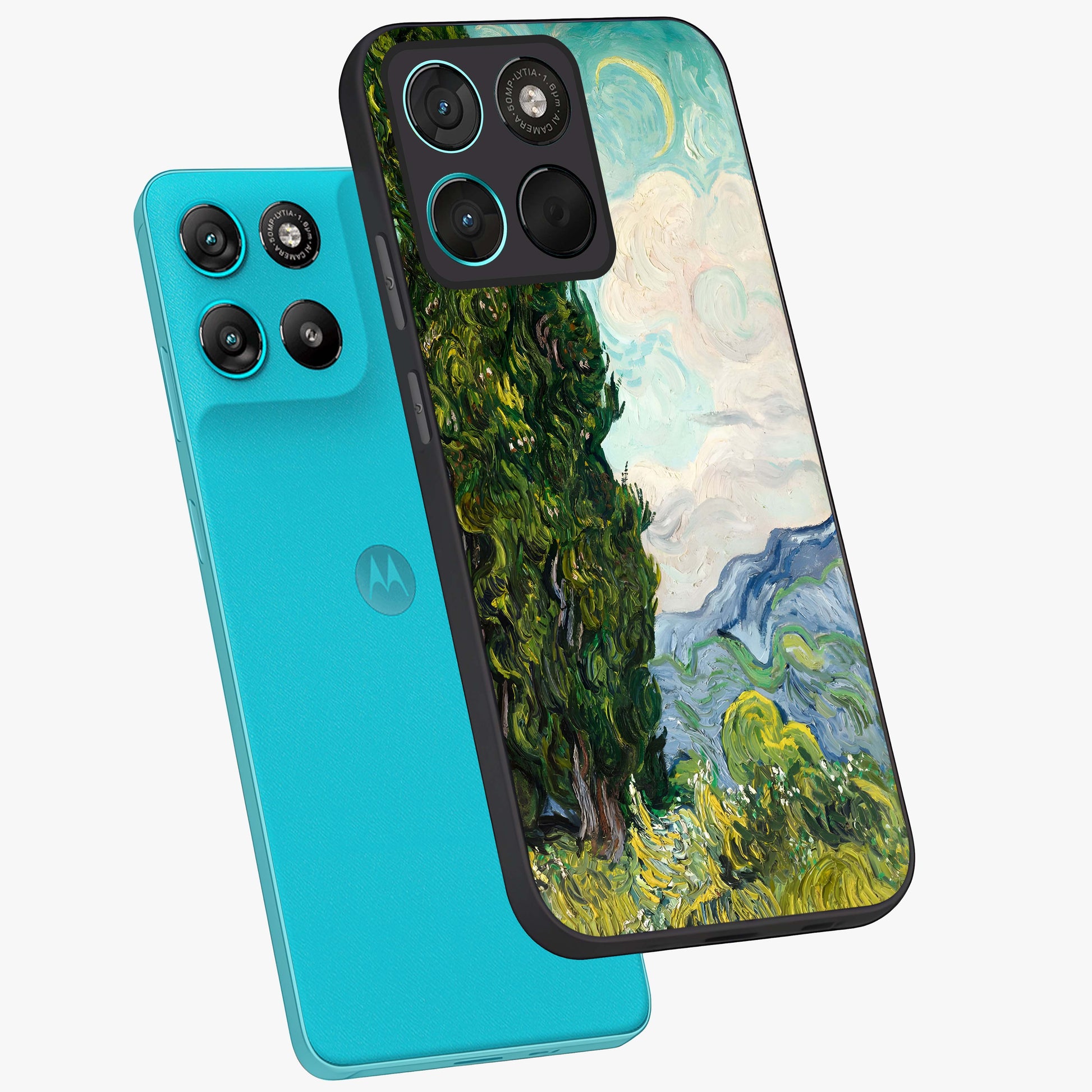 Van Gogh Vintage Art Glass Case displayed in angled mockup highlighting textured brushstroke design with classic aesthetic.