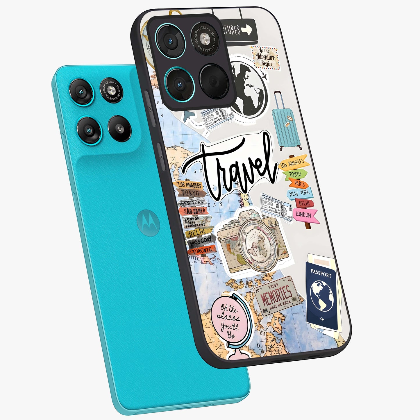 Wanderlust Journal Glass Case displayed in angled mockup highlighting adventure themed design with aesthetic travel vibe.