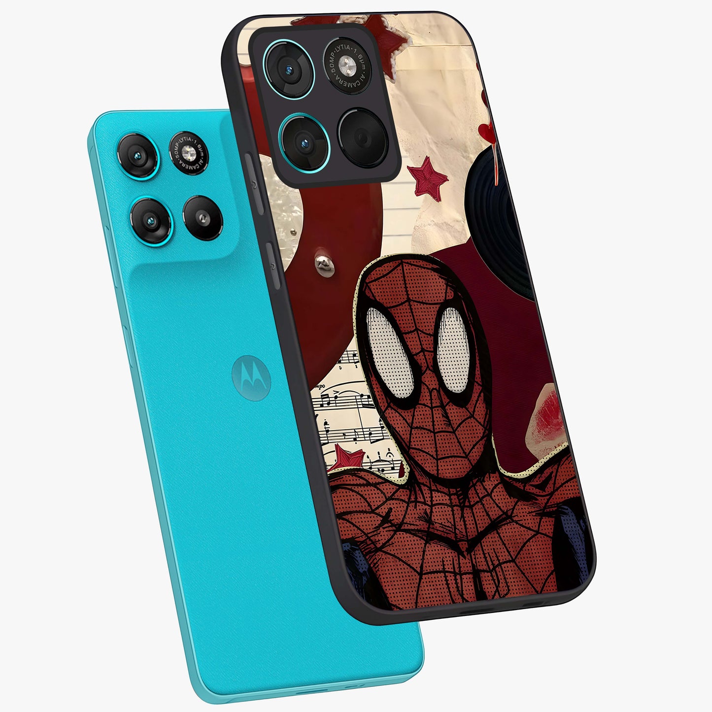 Web Warrior Vibes Glass Case displayed in angled mockup highlighting dynamic web design with comic style aesthetic.