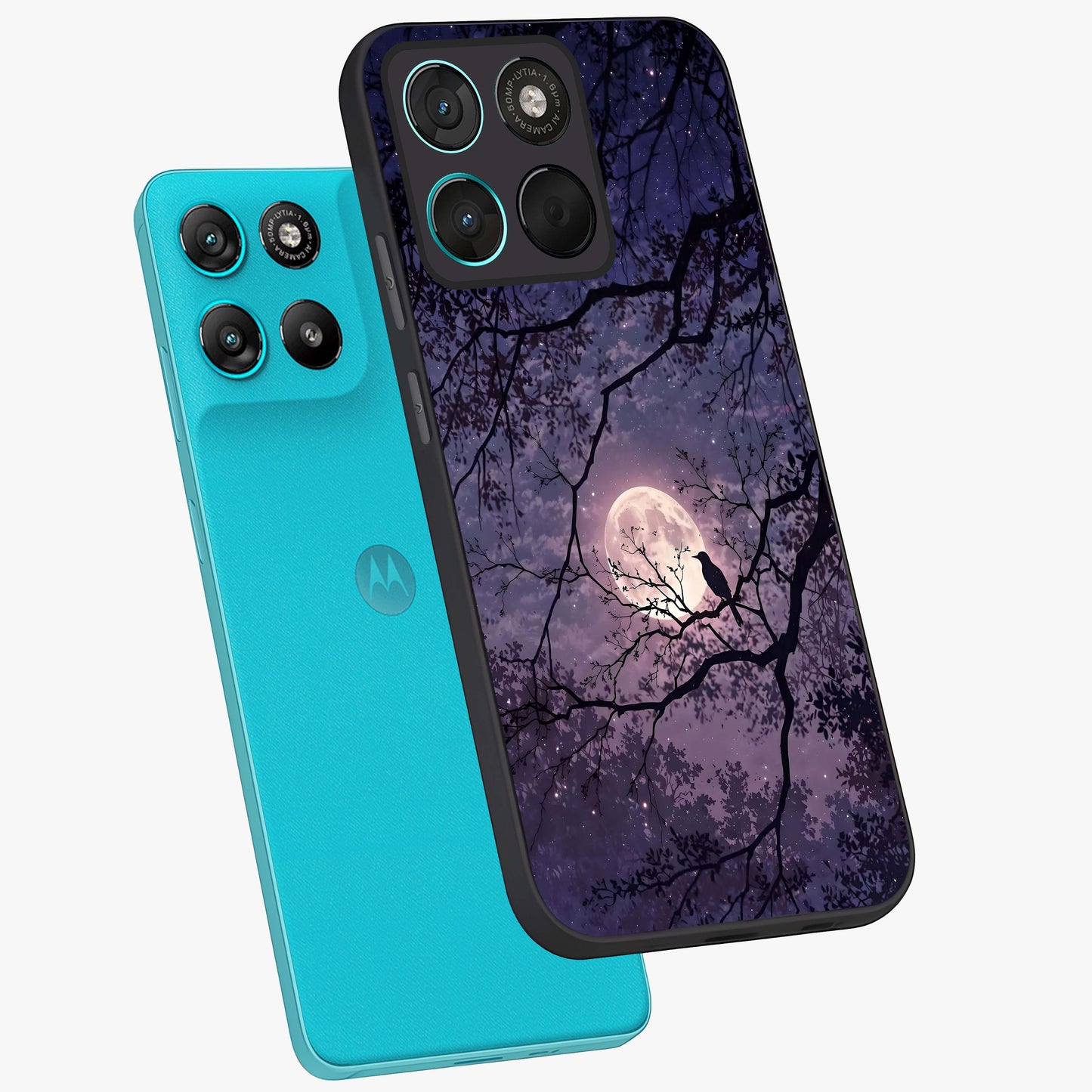 Whispering Moon Silence Glass Case displayed in angled mockup highlighting calm lunar design with dreamy night aesthetic.