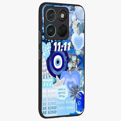 Aesthetic Be Kind Eye Glass Case upright view showcasing stylish eye illustration with positive message theme.