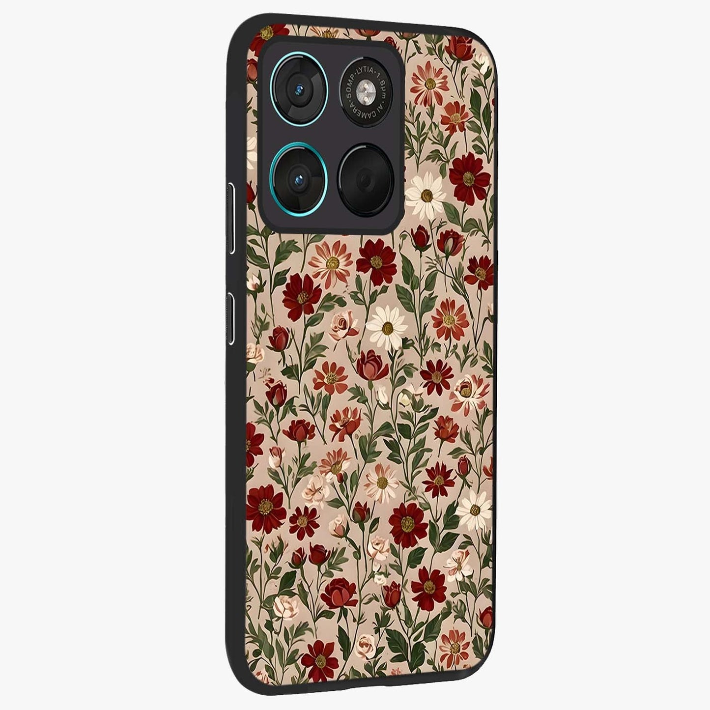 Biege Flower With Leaf Glass Case upright view showcasing delicate beige flower illustration with clean botanical style.