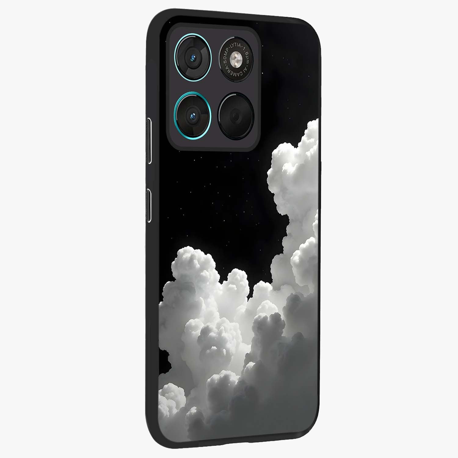 Black Background With White Cloud Glass Case upright view showcasing calm cloud aesthetic with modern minimal style.