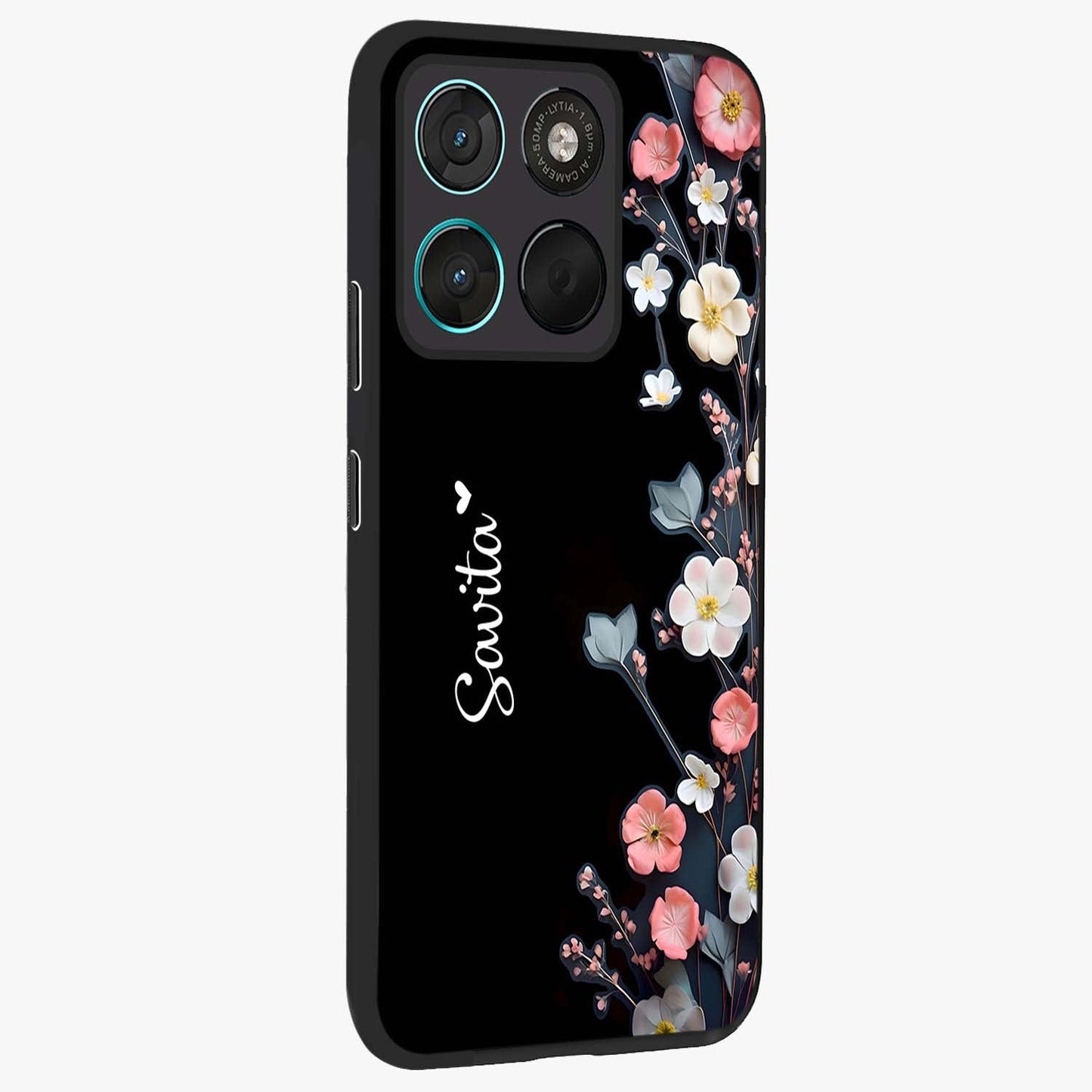 Black Elegance Floral Custom Name Glass Case upright view showcasing luxurious black floral design with personalized name detail.