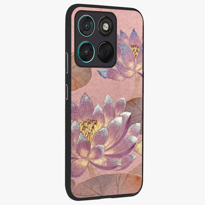 Blossom Mist Lotus Glass Case upright view showcasing graceful lotus flower design with peaceful botanical style.