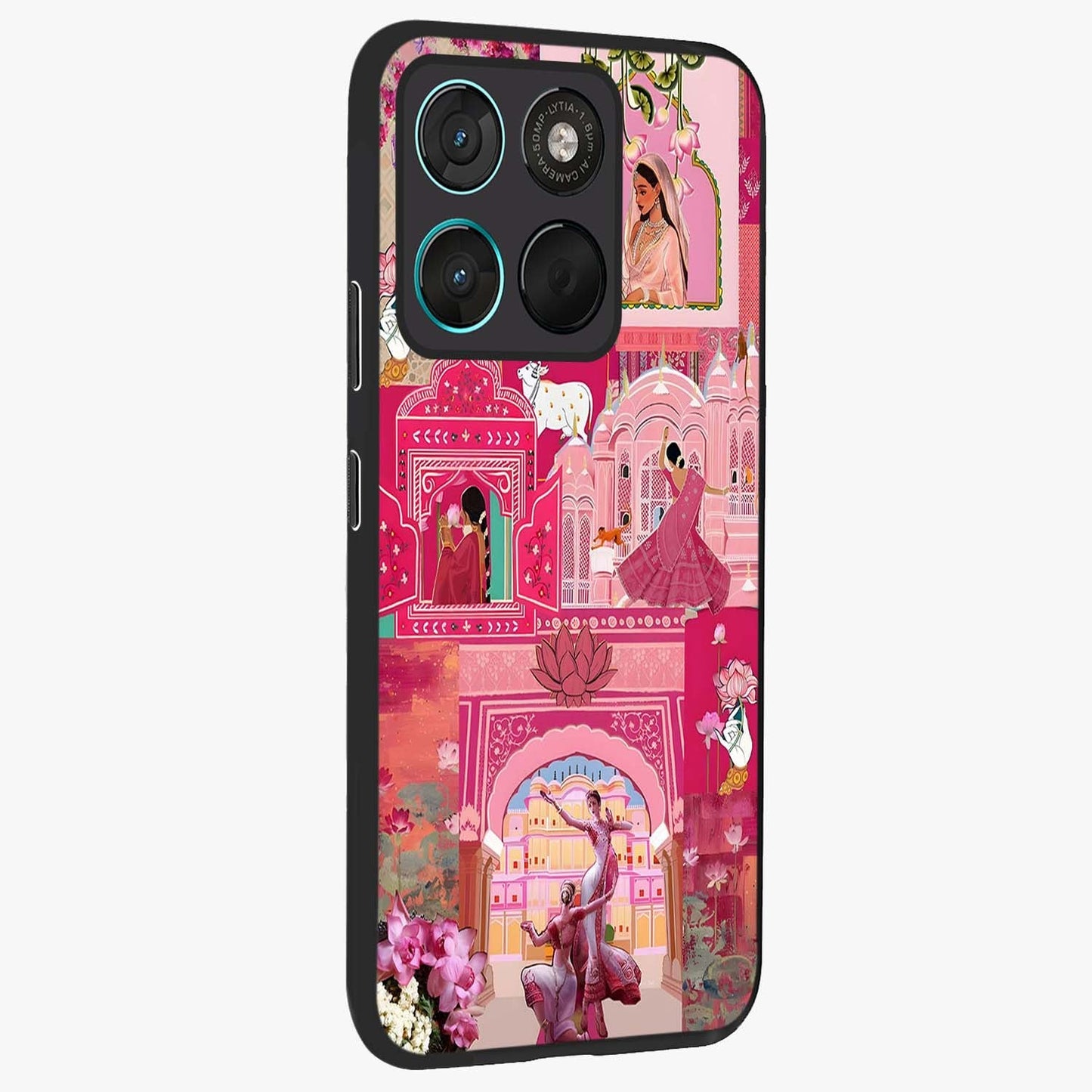 Blossoms of Rajasthan Glass Case upright view showcasing colorful floral design inspired by traditional Indian art.