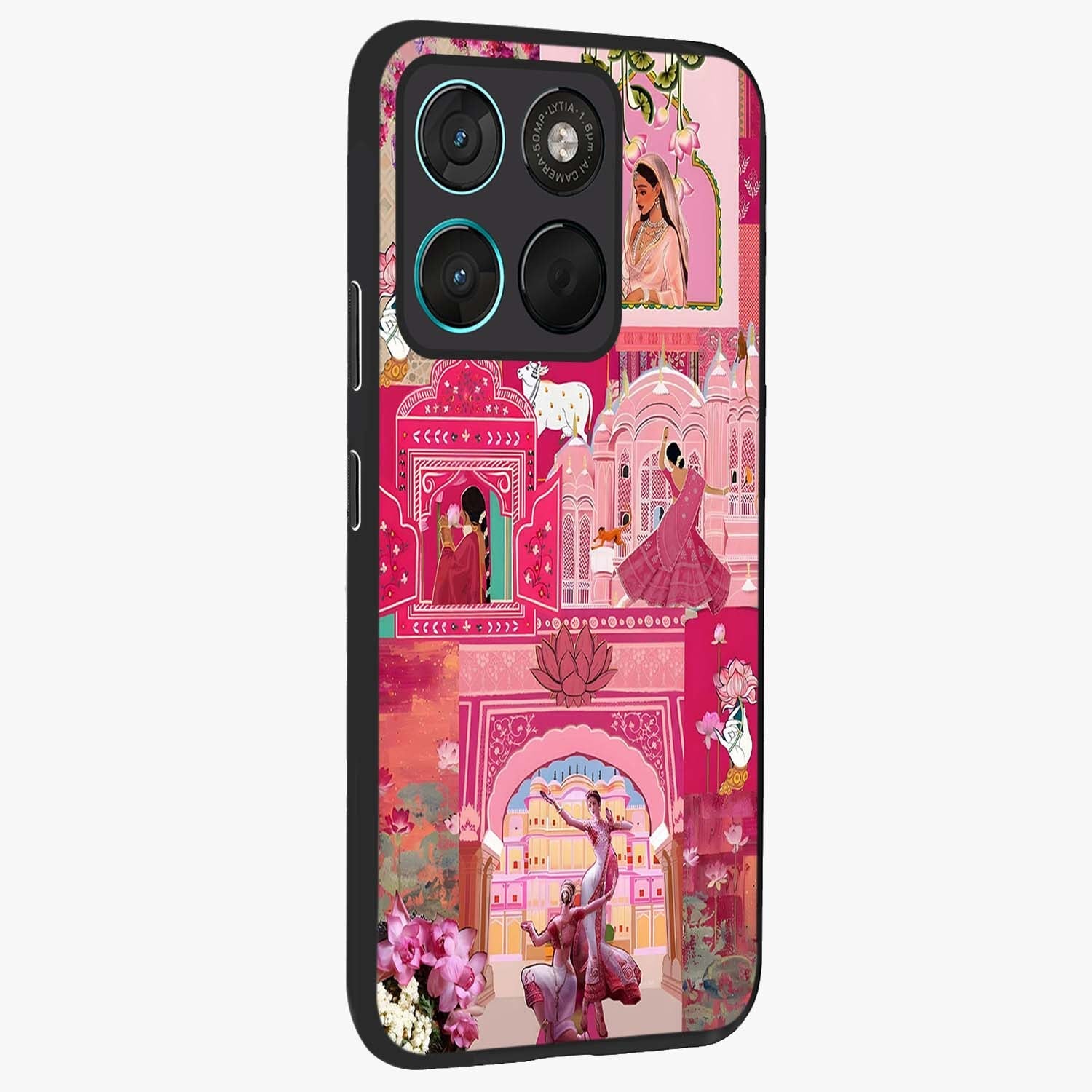 Blossoms of Rajasthan Glass Case upright view showcasing colorful floral design inspired by traditional Indian art.
