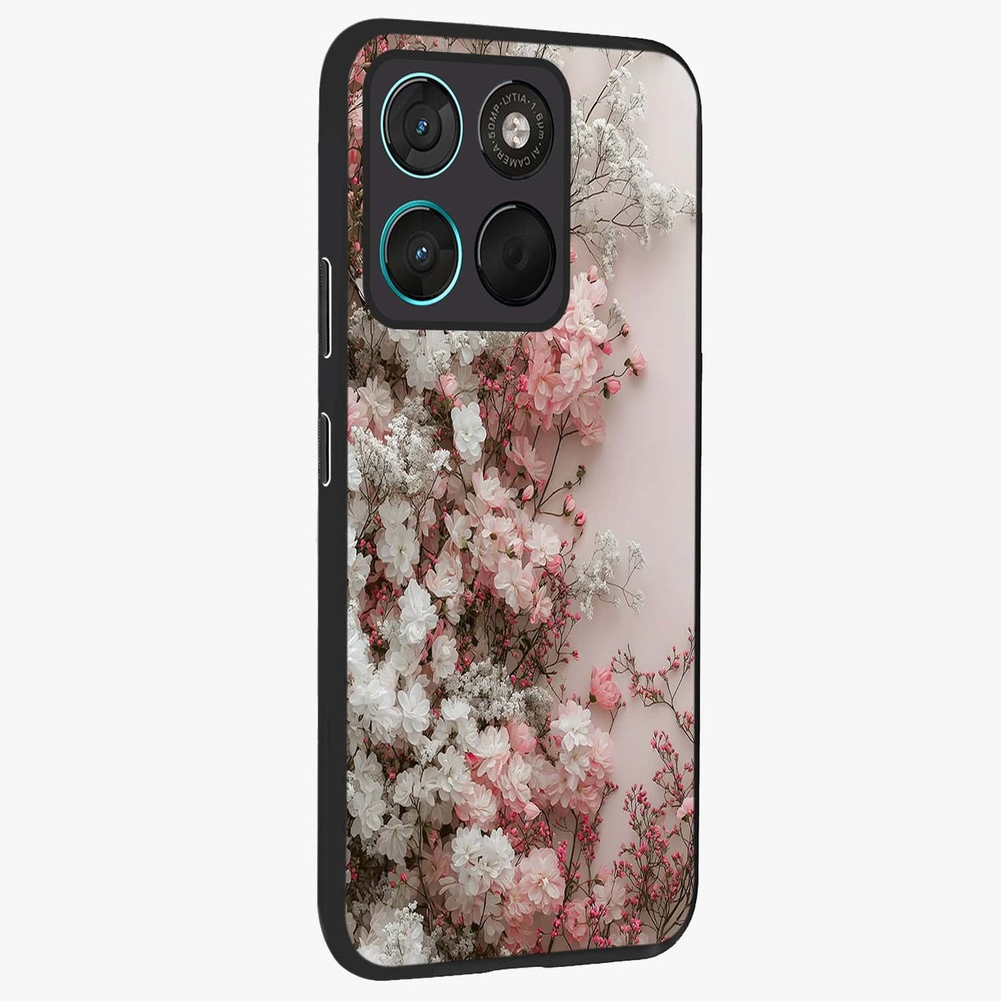 Blush Blossom Cloud Glass Case upright view showcasing calm floral cloud artwork with gentle dreamy theme.