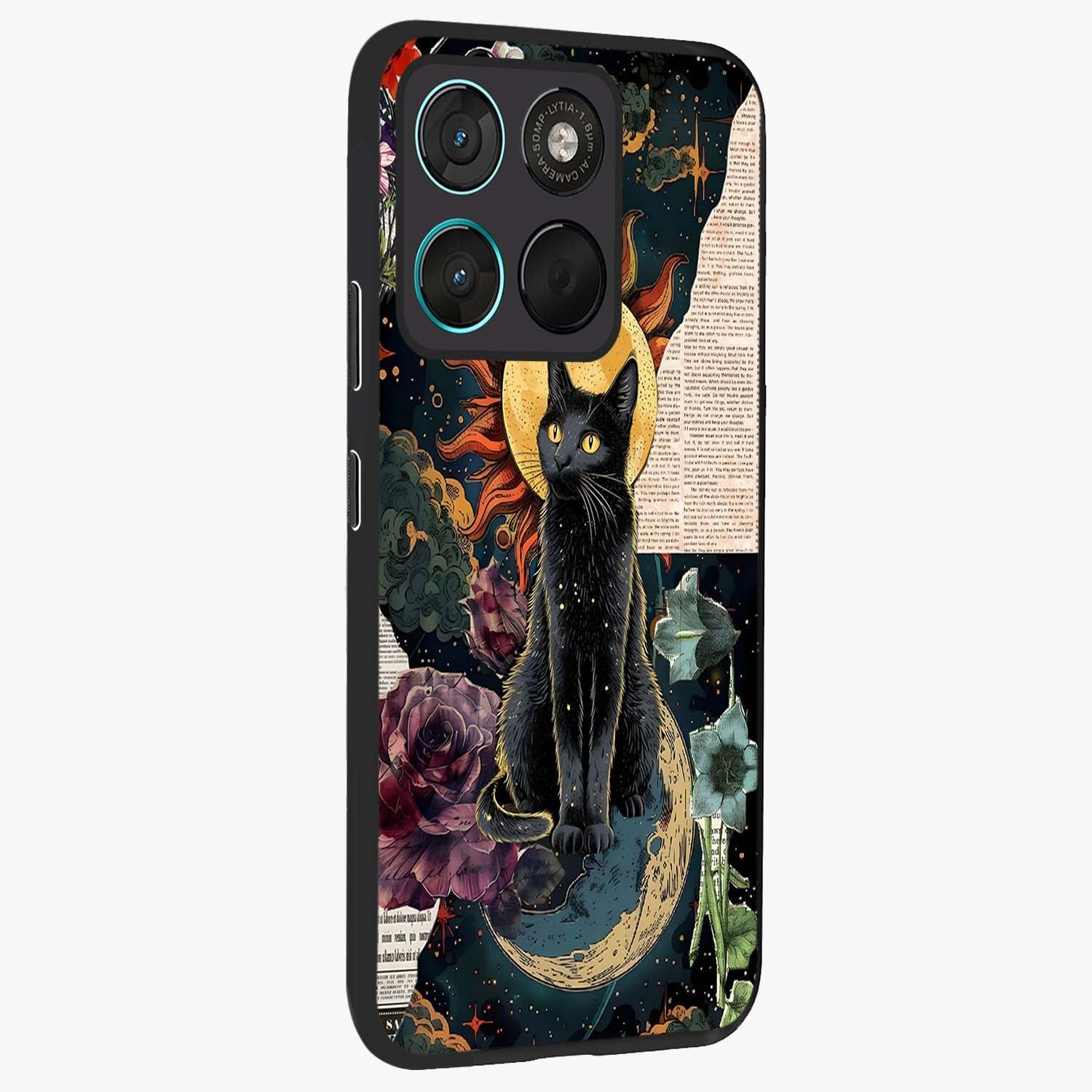 Celestial Black Cat Glass Case upright view showcasing magical black cat illustration with starry cosmic theme.