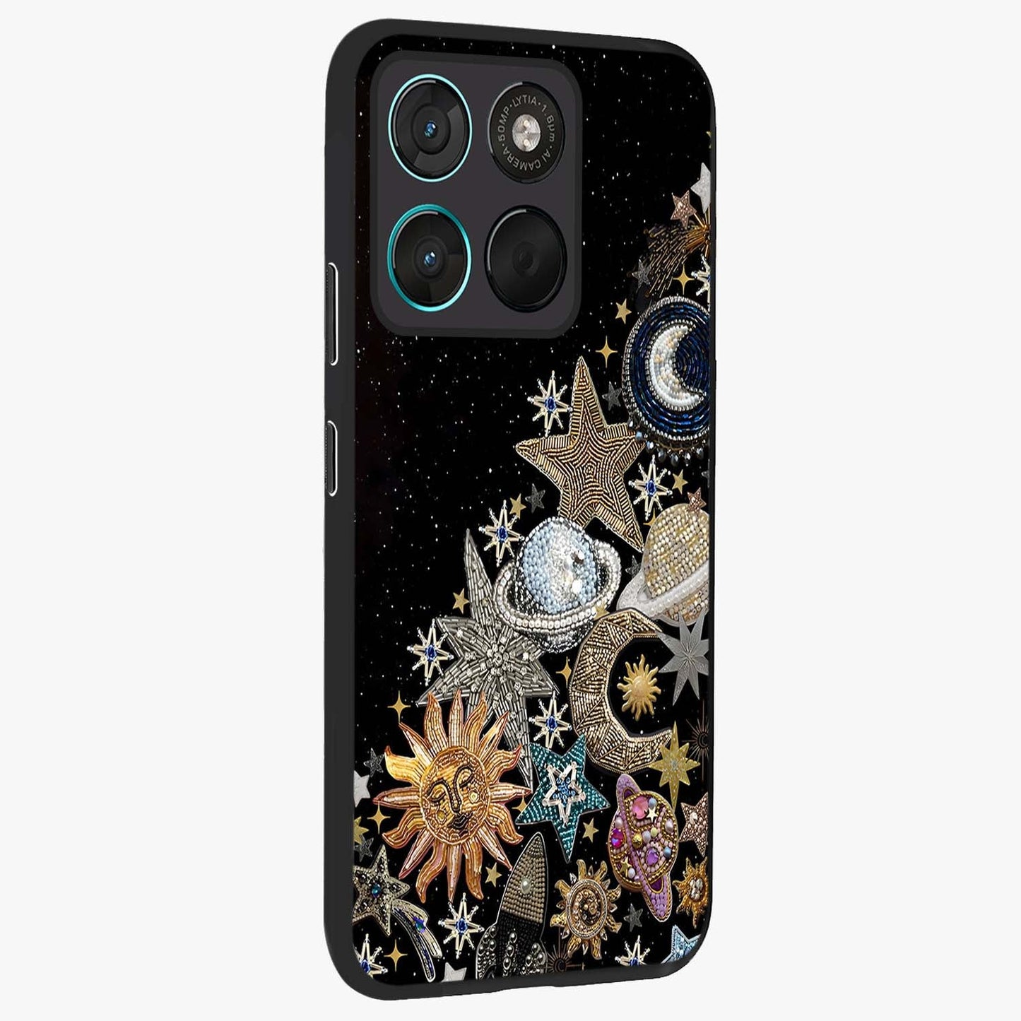 Cosmic Sparkle Dreams Glass Case upright view showcasing glowing cosmic artwork with magical galaxy theme.