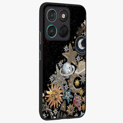 Cosmic Sparkle Dreams Glass Case upright view showcasing glowing cosmic artwork with magical galaxy theme.