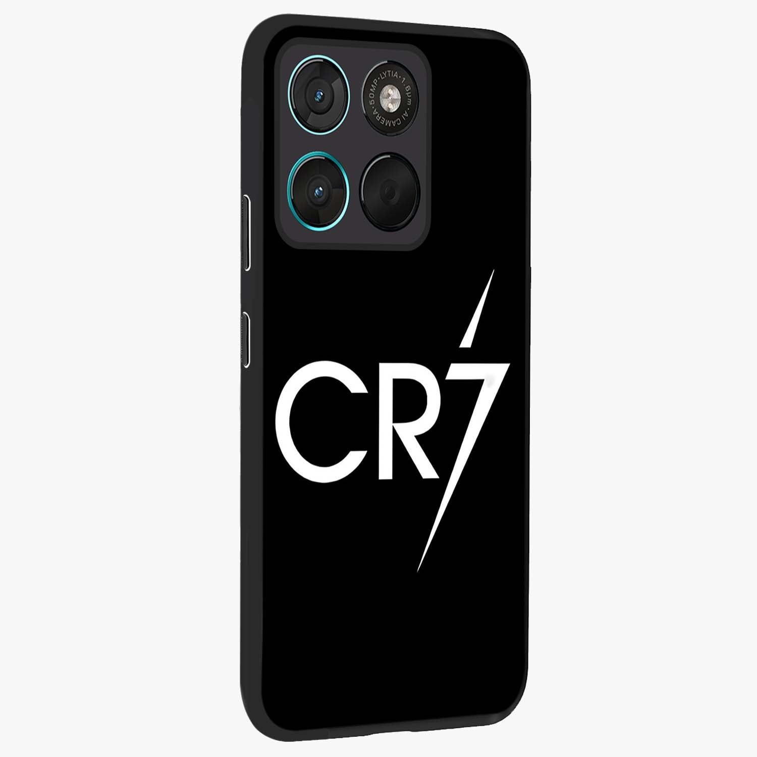 Cr7 Elite Strike Glass Case upright view showcasing energetic football inspired design with modern sports aesthetic.