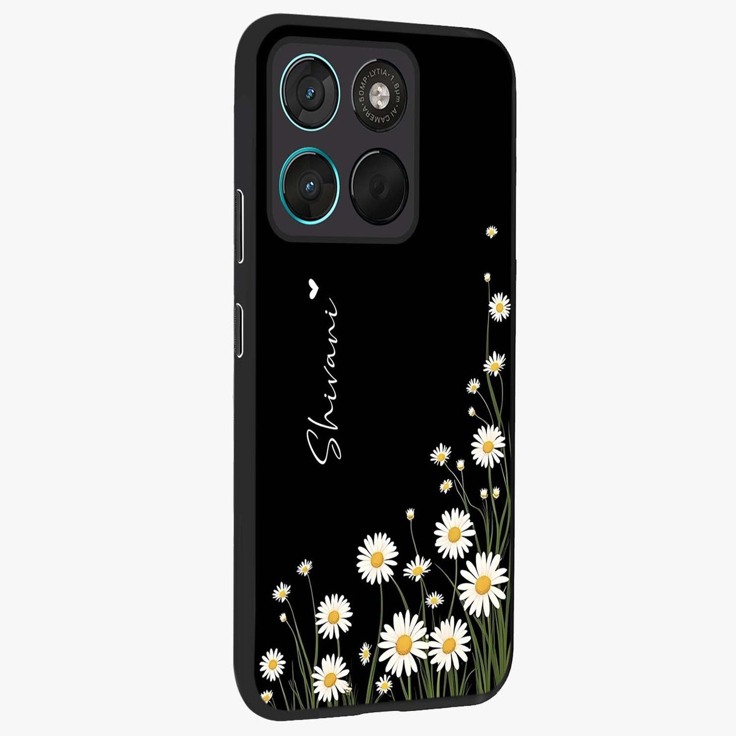 Daisy Cascade Custom Name Glass Case upright view showcasing elegant floral cascade design with personalized aesthetic.