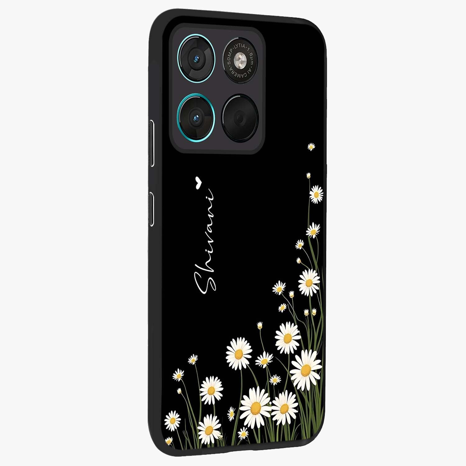 Daisy Cascade Custom Name Glass Case upright view showcasing elegant floral cascade design with personalized aesthetic.
