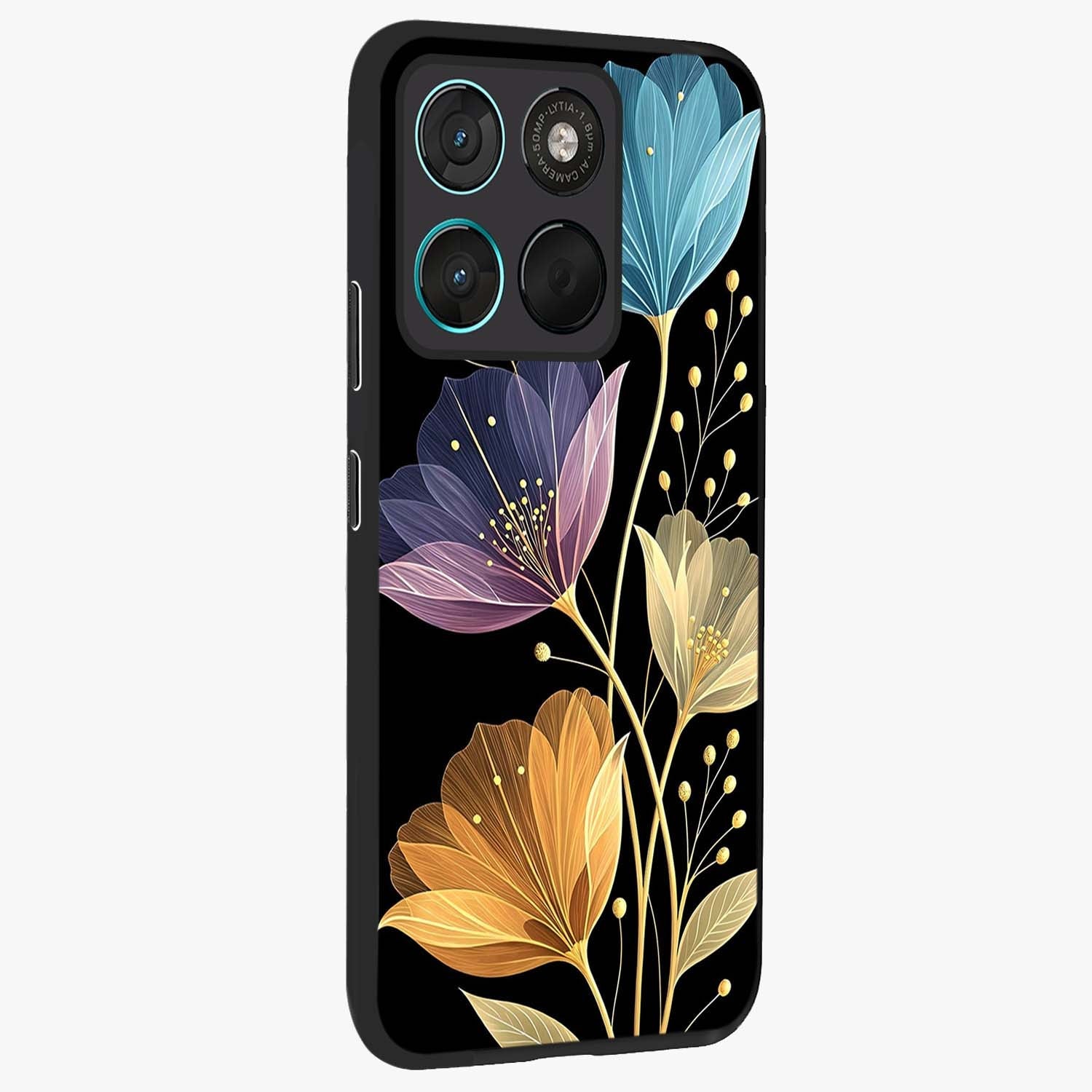 Delicate Multicolor Flowers Glass Case upright view showcasing delicate floral artwork with bright botanical theme.