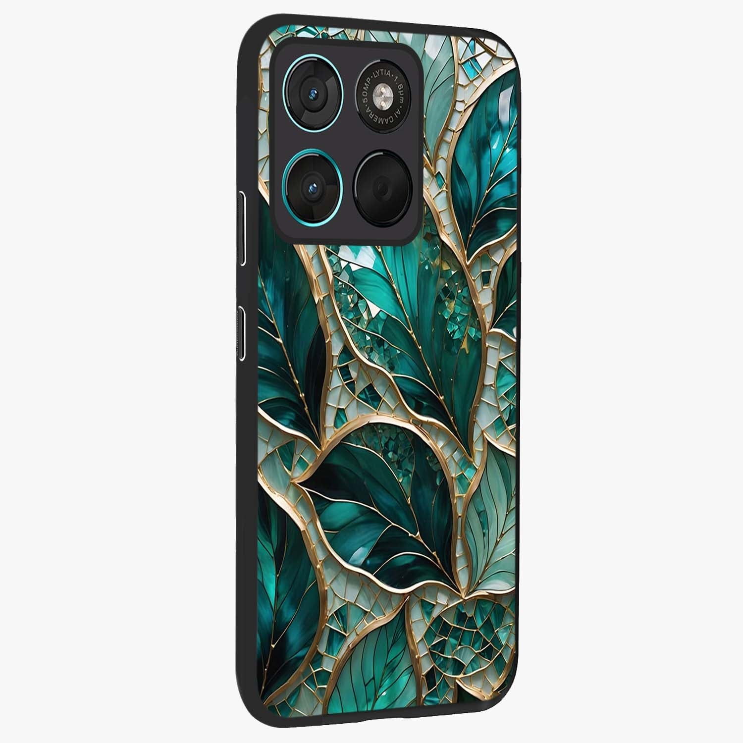 Emerald Leaf Glass Glass Case upright view showcasing fresh green leaf artwork with calming nature inspired style.
