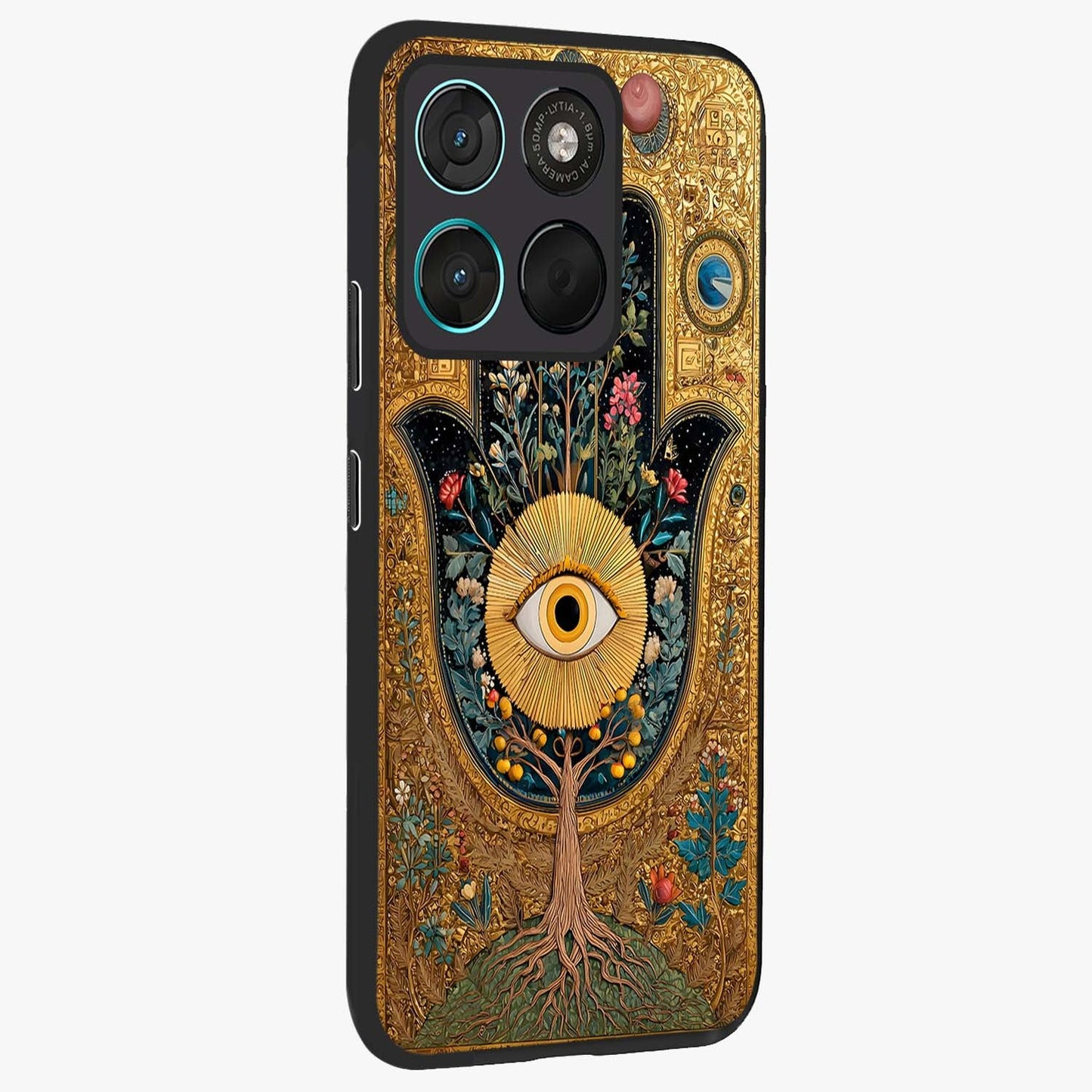Ethereal Evil Eye Glass Case upright view showcasing celestial evil eye artwork with mystical theme.