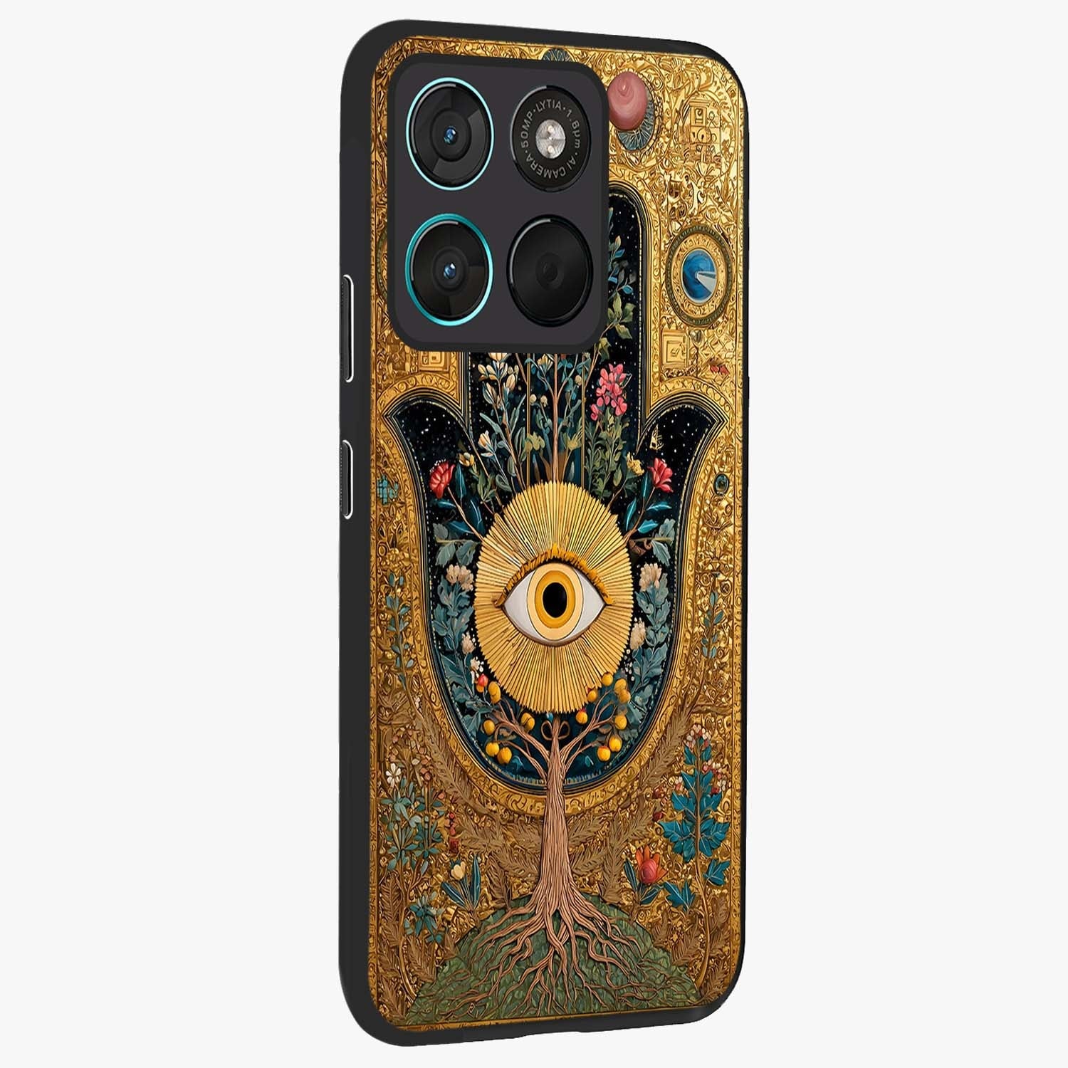 Ethereal Evil Eye Glass Case upright view showcasing celestial evil eye artwork with mystical theme.