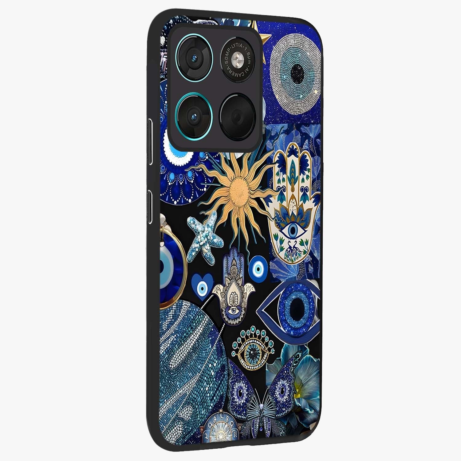 Evil Eye Charm Mix Glass Case upright view showcasing mystical evil eye pattern with vibrant decorative style.
