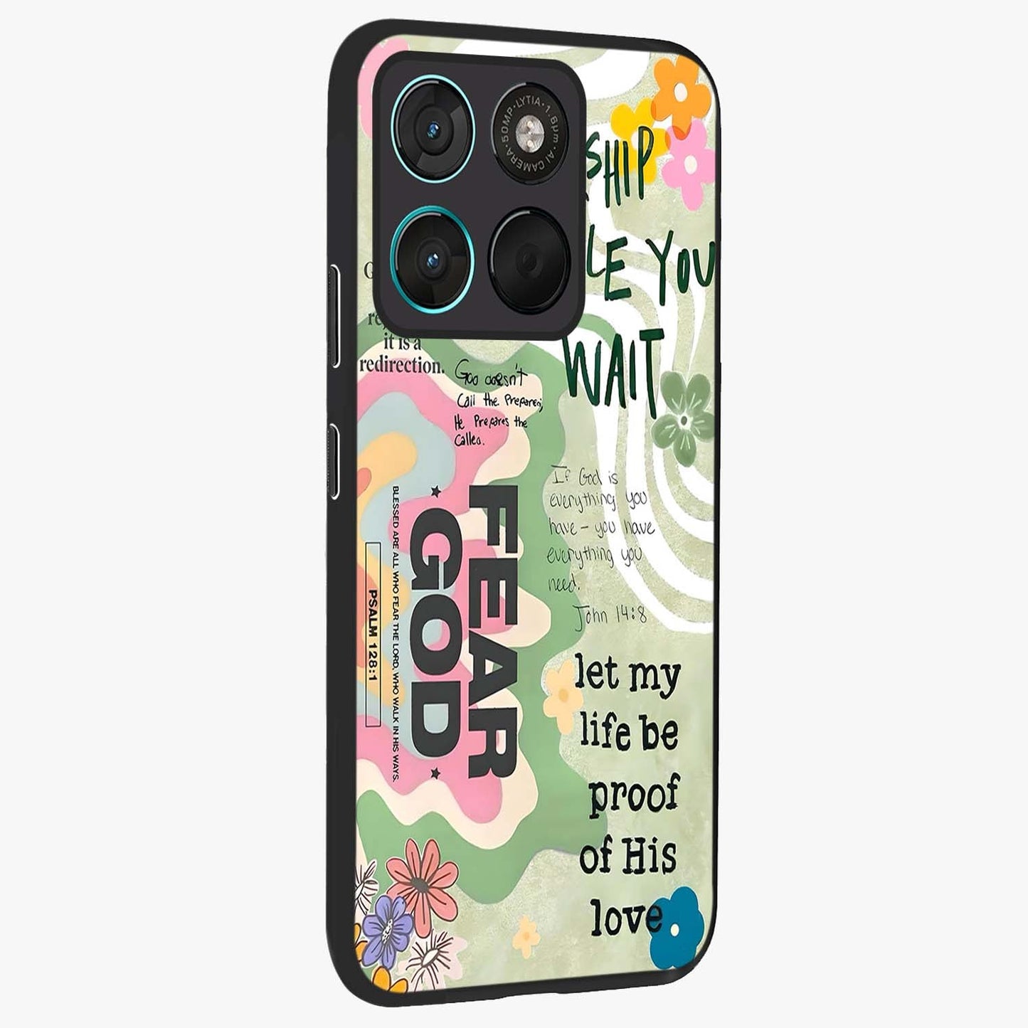 Faith Over Fear Glass Case upright view showcasing bold typography artwork with uplifting motivational theme.