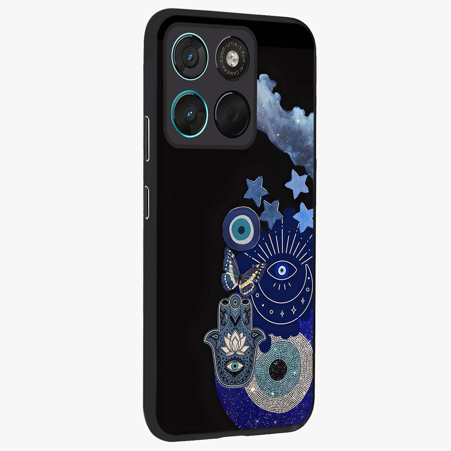 Galactic Charm Cluster Glass Case upright view showcasing glowing cosmic charm artwork with magical celestial style.