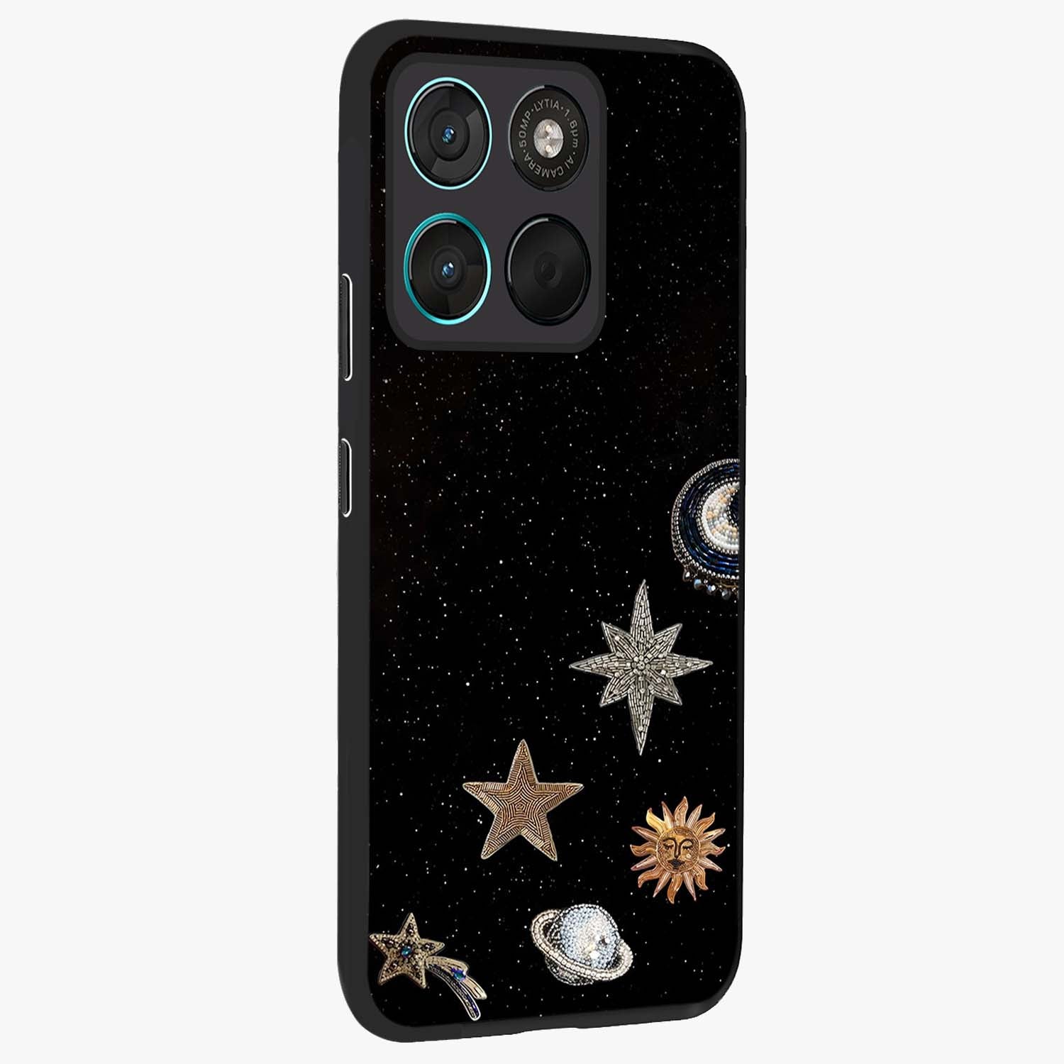 Galactic Charm Glow Glass Case upright view showcasing glowing cosmic charm artwork with magical celestial style.