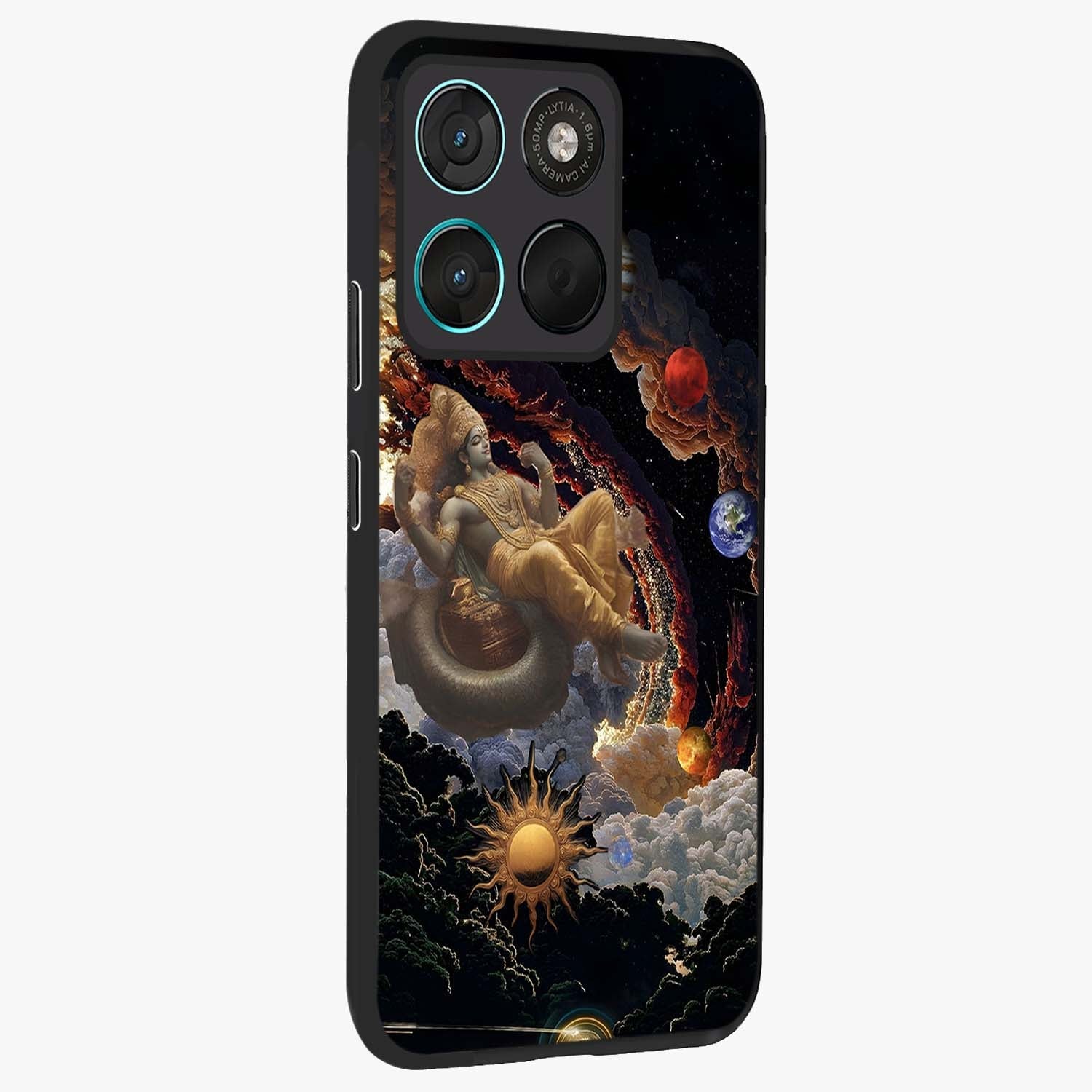 Galactic Divine God Glass Case upright view showcasing mystical divine artwork with dramatic cosmic theme.