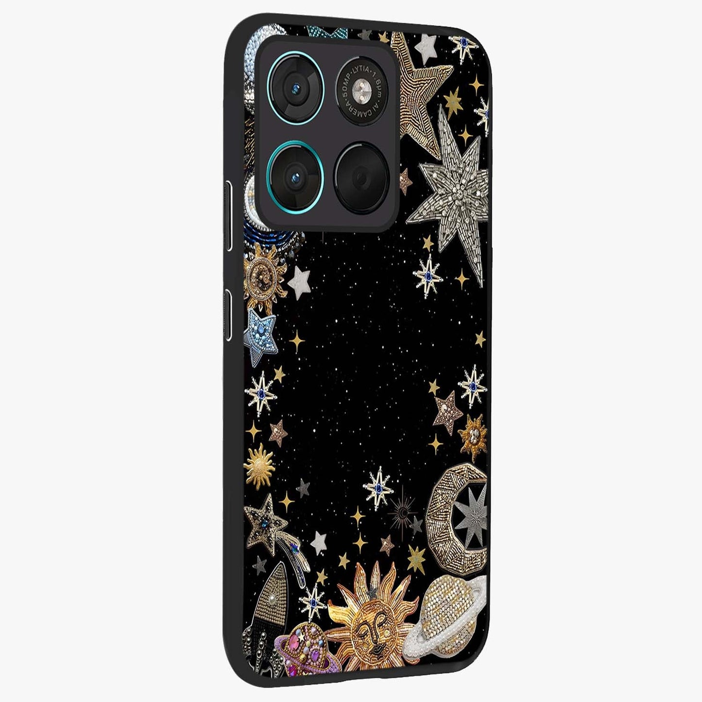 Galactic Jewel Stars Glass Case upright view showcasing glittering star jewel artwork with vibrant galaxy theme.