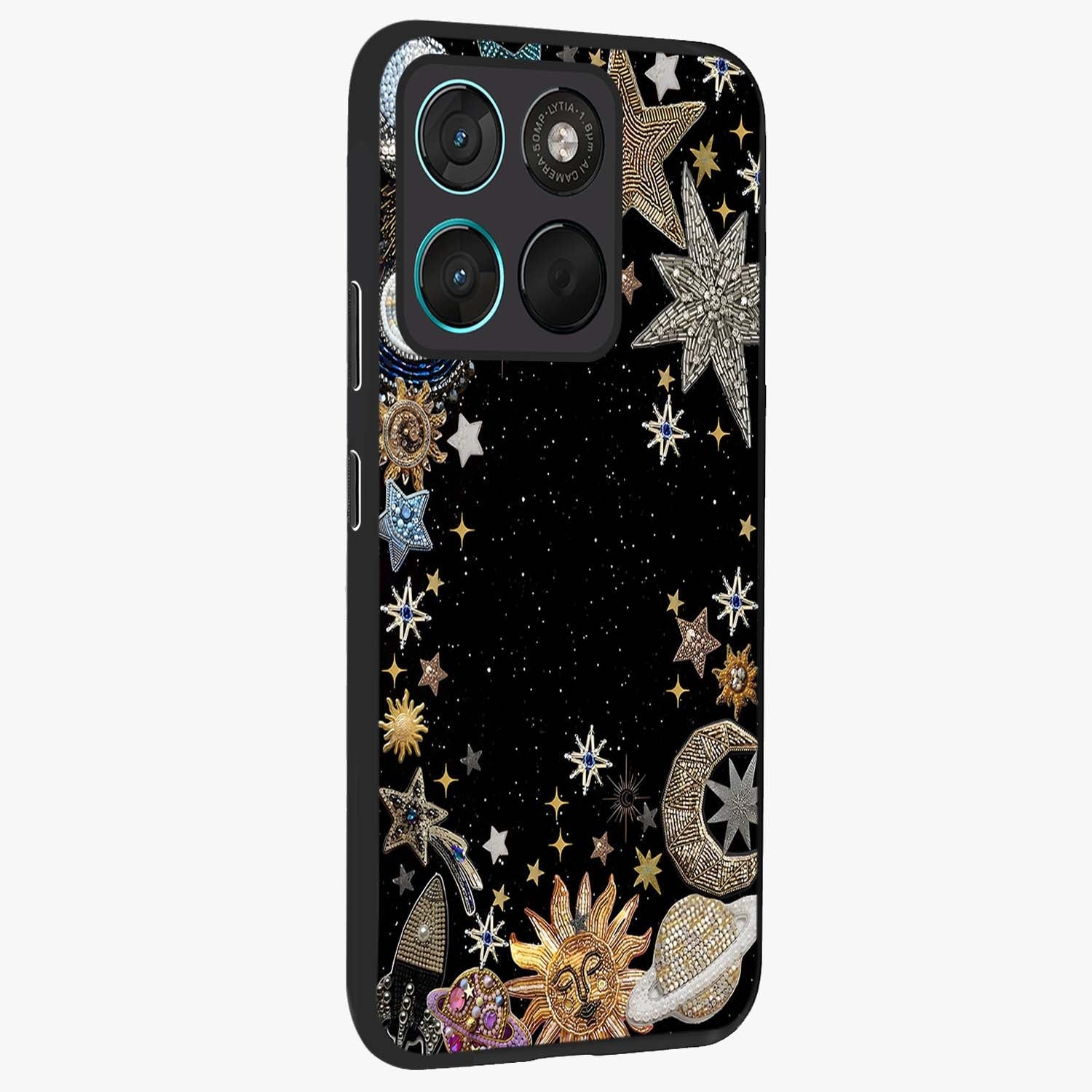 Galactic Jewel Stars Glass Case upright view showcasing glittering star jewel artwork with vibrant galaxy theme.