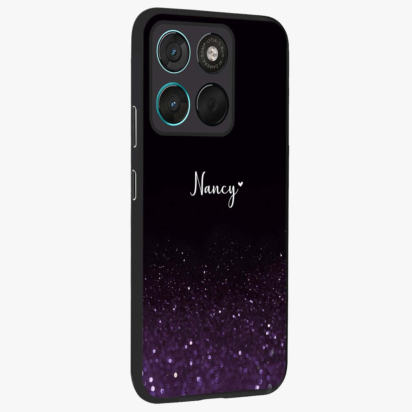 Glittery Purple Bokeh Custom Name Glass Case upright view showcasing vibrant purple sparkle artwork with personalized aesthetic style.