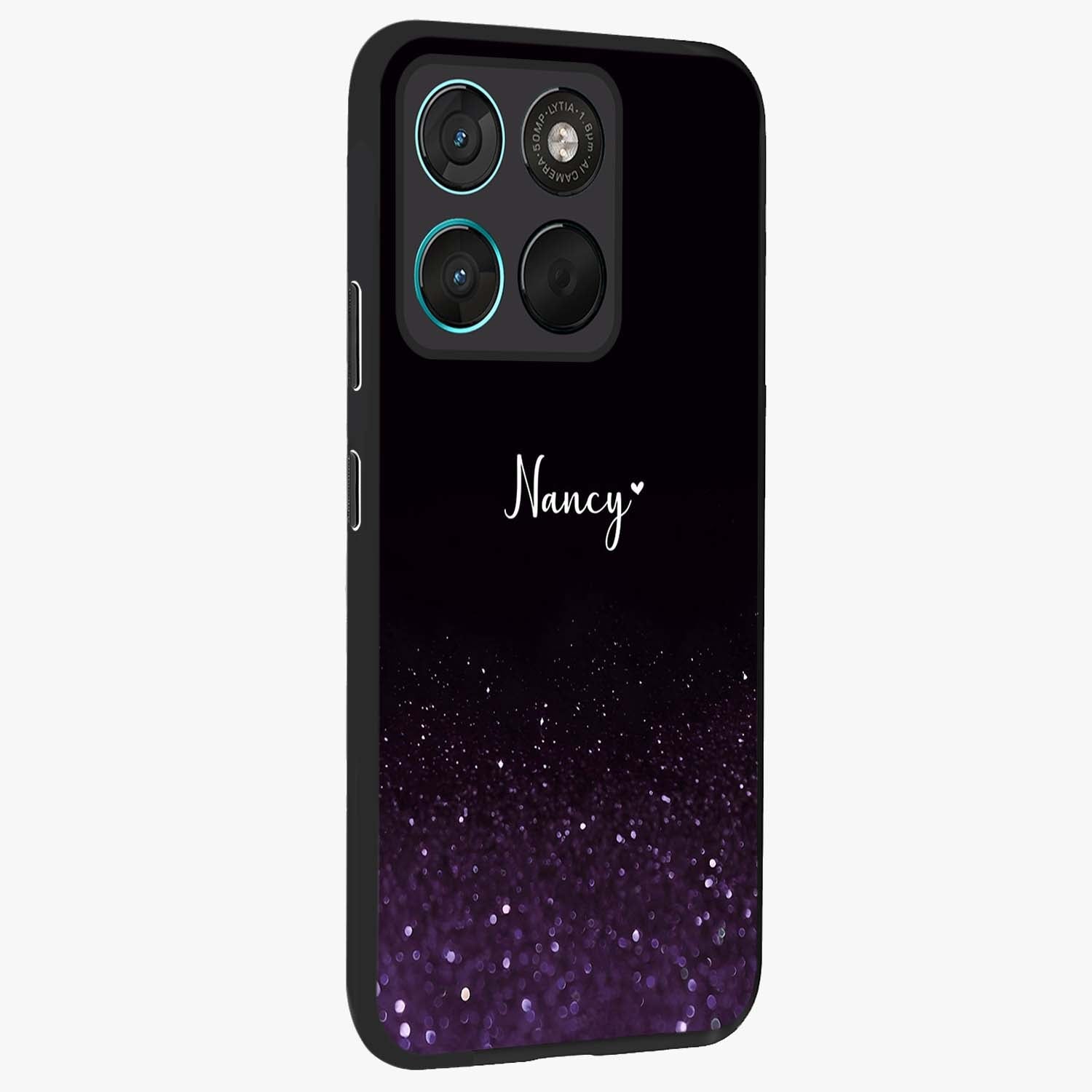 Glittery Purple Bokeh Custom Name Glass Case upright view showcasing vibrant purple sparkle artwork with personalized aesthetic style.