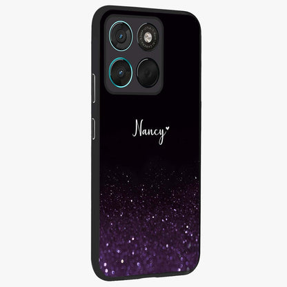 Glittery Purple Bokeh Custom Name Glass Case upright view showcasing vibrant purple sparkle artwork with personalized aesthetic style.