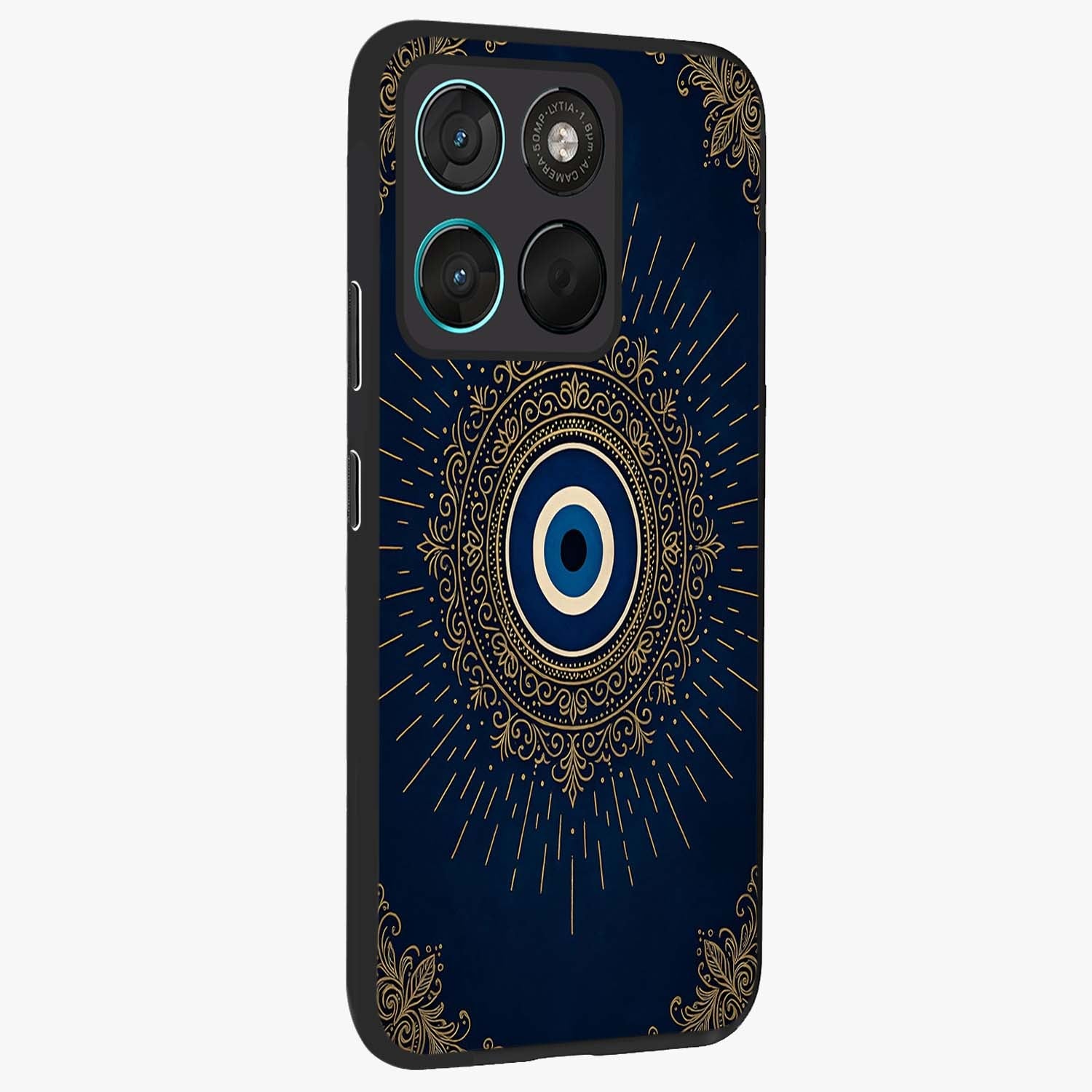 Golden Celestial Charm Glass Case upright view showcasing radiant celestial artwork with elegant golden theme.
