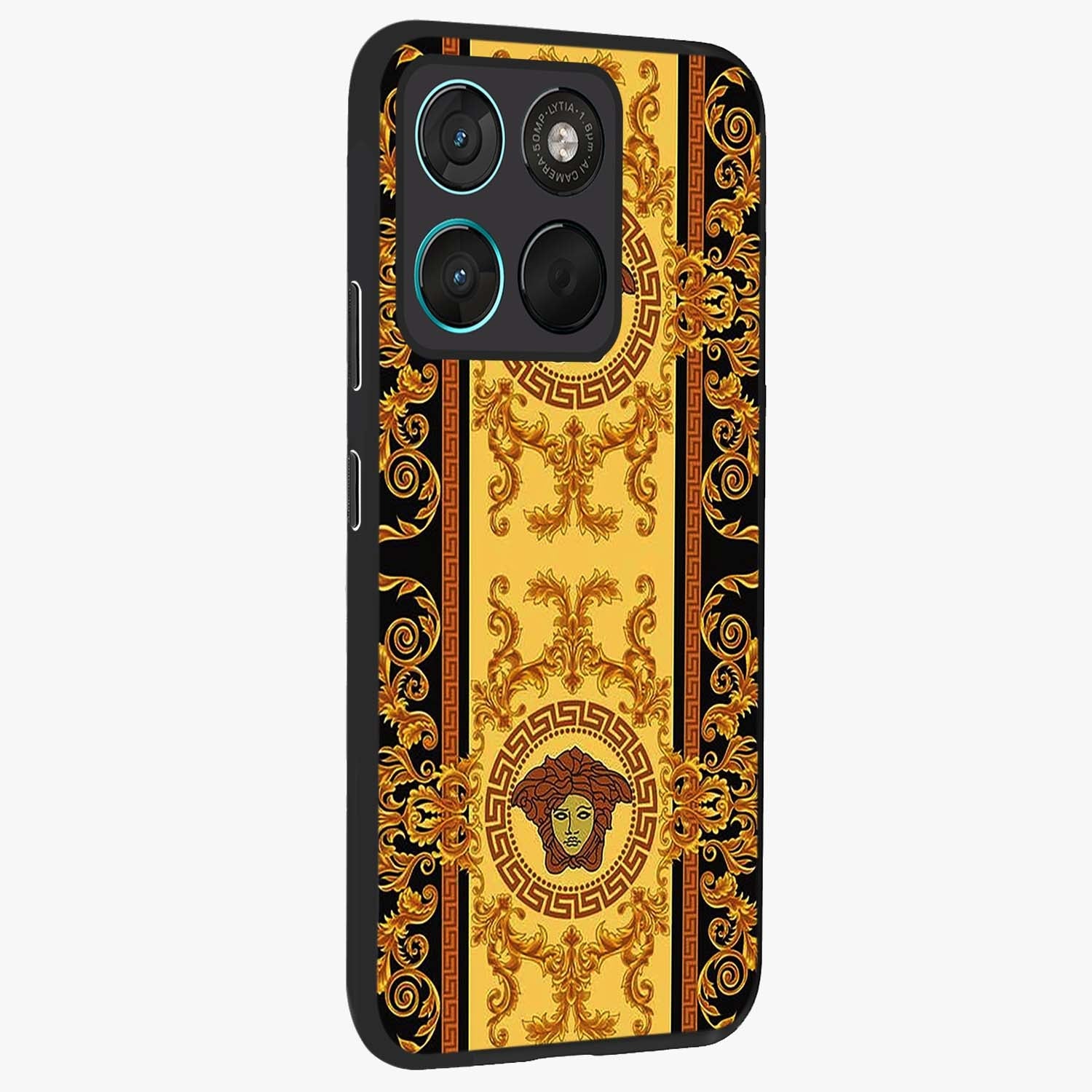 Golden Lotus Glow Glass Case upright view showcasing luminous lotus artwork with peaceful divine theme.