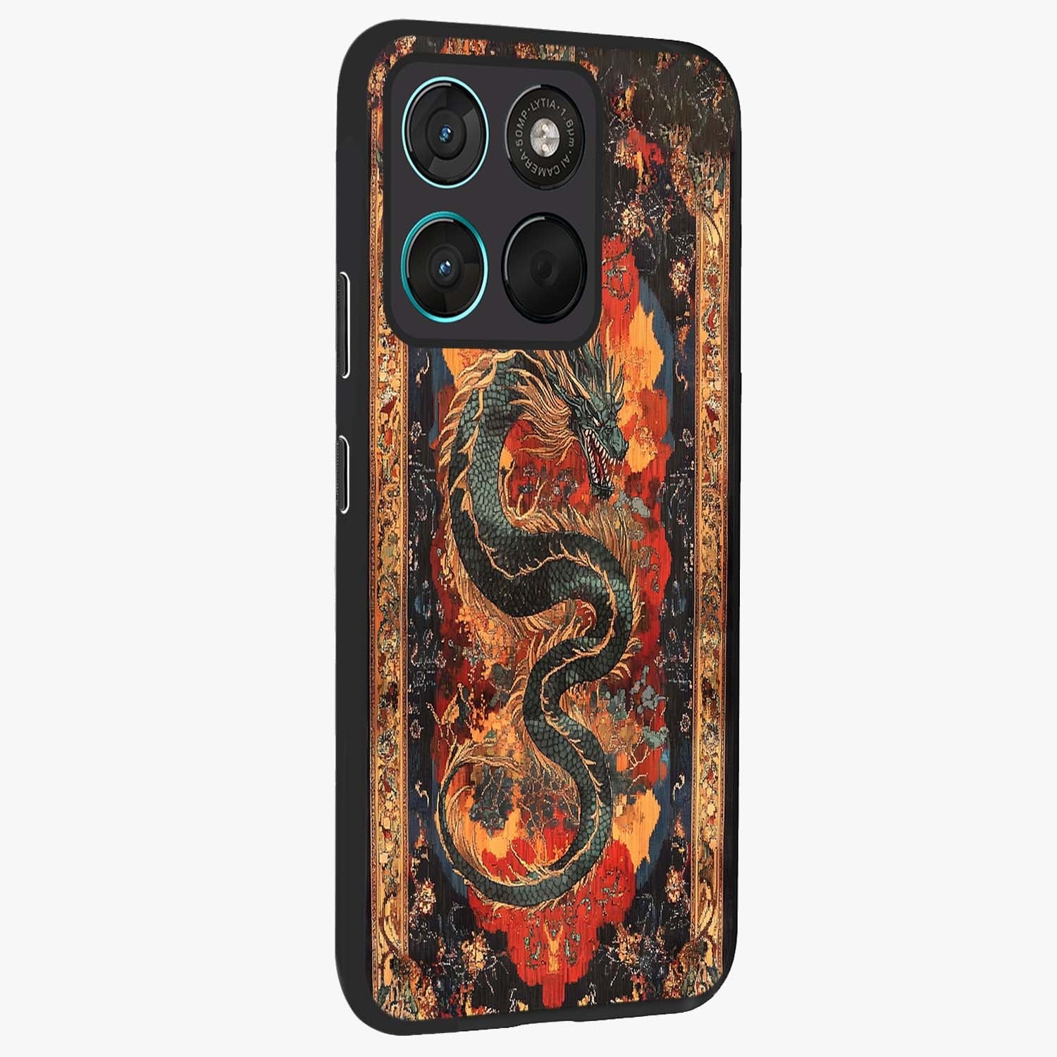 Inferno Dragon Soul Glass Case upright view showcasing intense dragon artwork with fantasy fire theme.