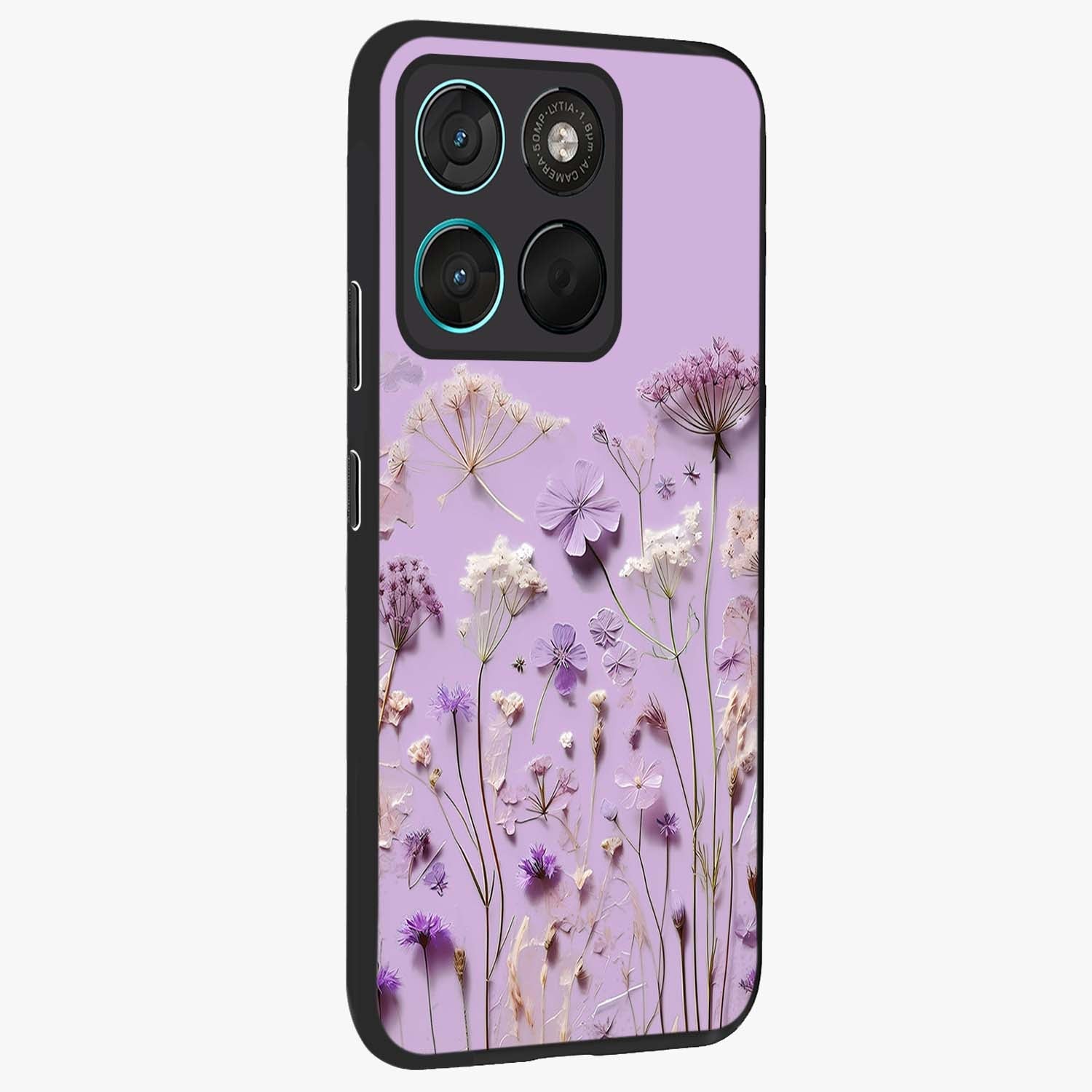 Lavender Blossom Dream Glass Case upright view showcasing delicate lavender blossom artwork with peaceful floral theme.