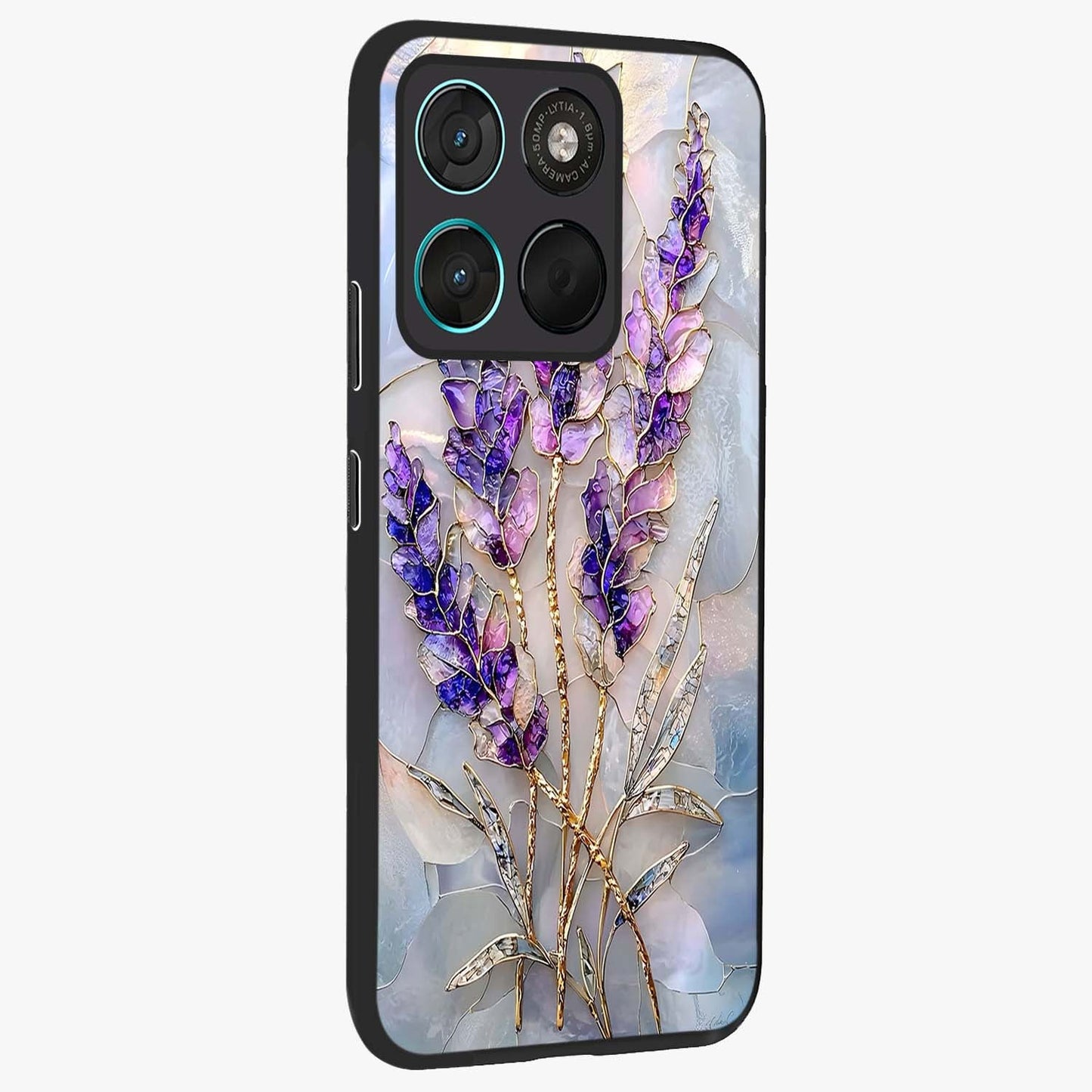 Lavender Dream Glow Glass Case upright view showcasing radiant lavender glow artwork with calming dreamy theme.