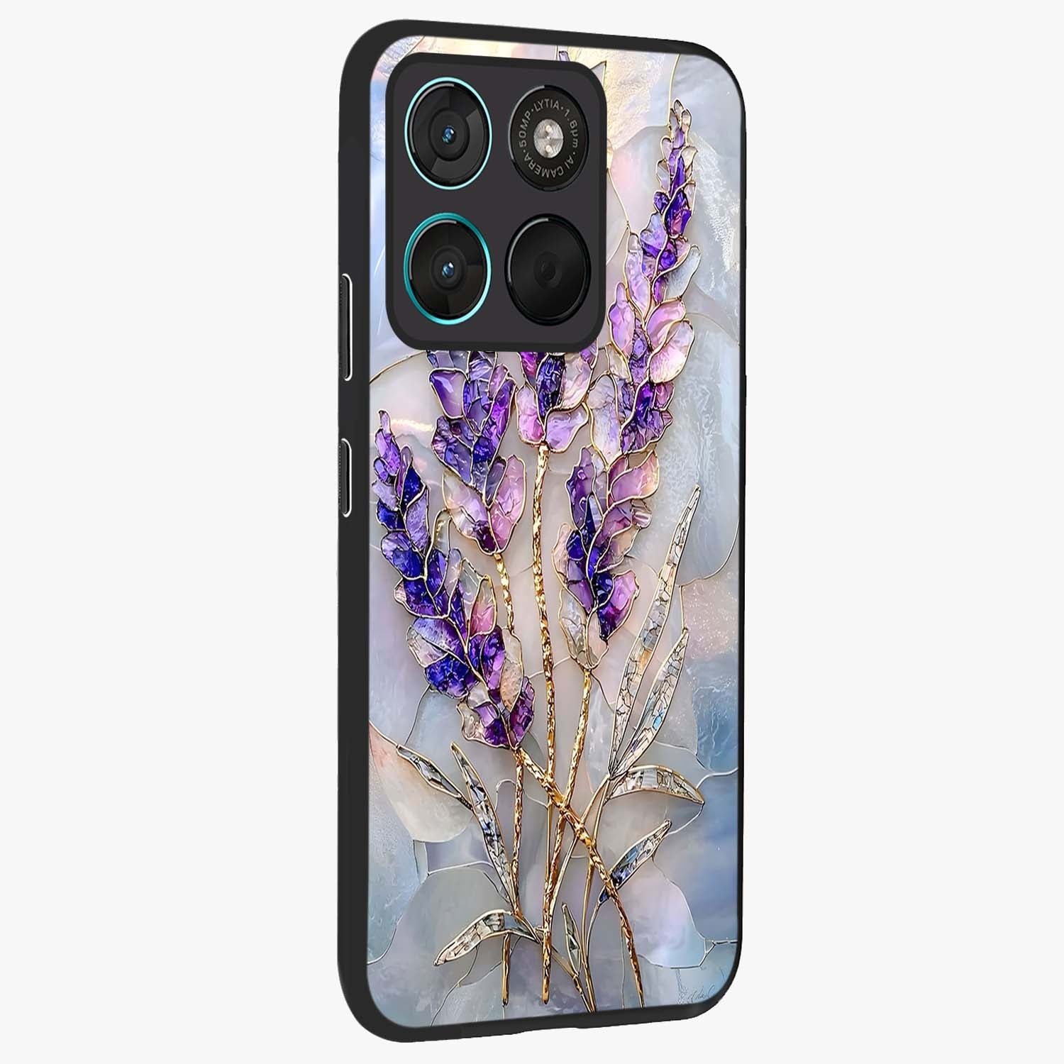 Lavender Dream Glow Glass Case upright view showcasing radiant lavender glow artwork with calming dreamy theme.