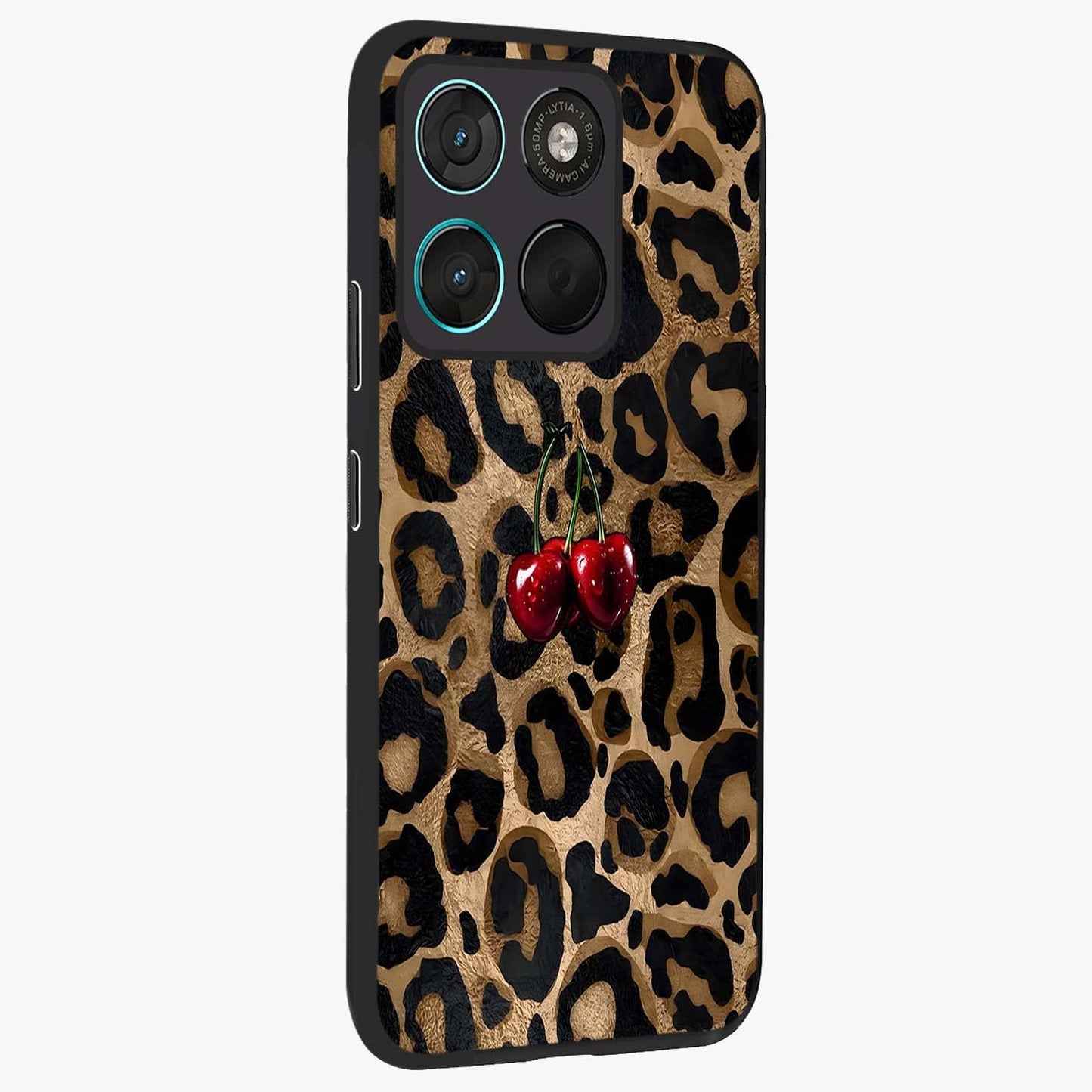 Leopard Wild Cherry Glass Case upright view showcasing stylish leopard pattern artwork with trendy fashion theme.
