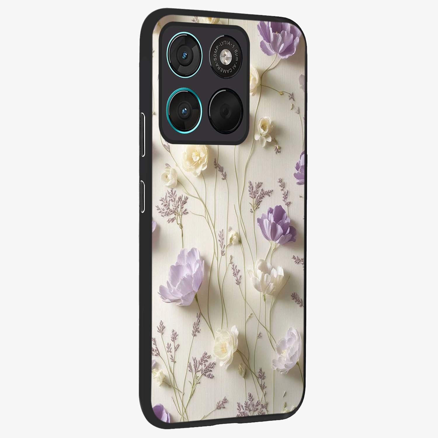 Lilac Breeze Harmony Glass Case upright view showcasing delicate lilac artwork with peaceful floral theme.