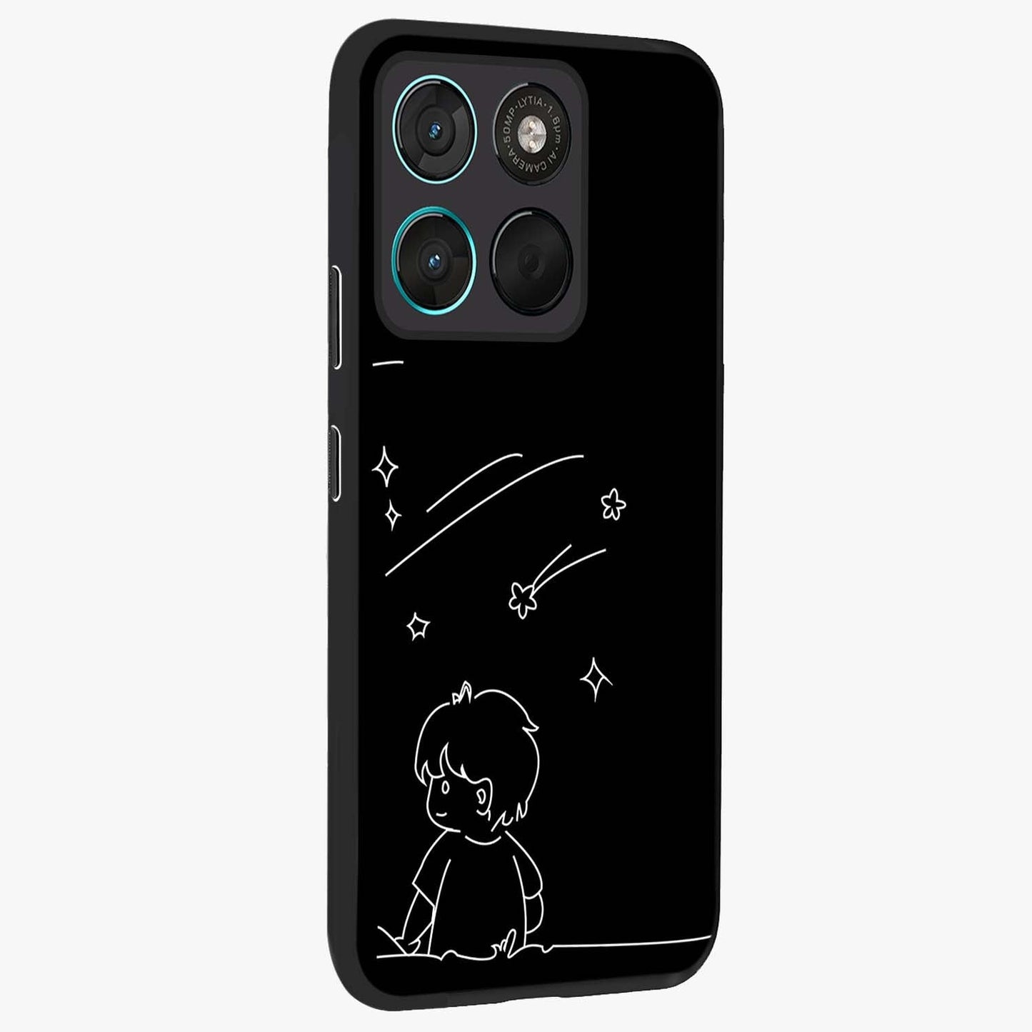 Line Art Boy With Shooting Stars Glass Case upright view showcasing artistic shooting star illustration with minimal style.