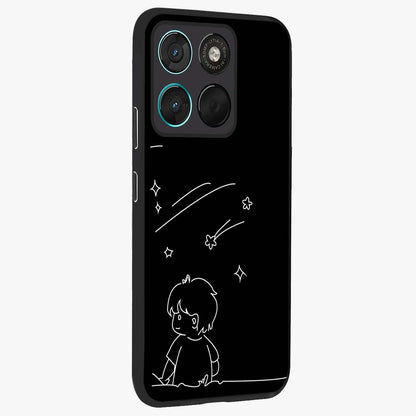 Line Art Boy With Shooting Stars Glass Case upright view showcasing artistic shooting star illustration with minimal style.
