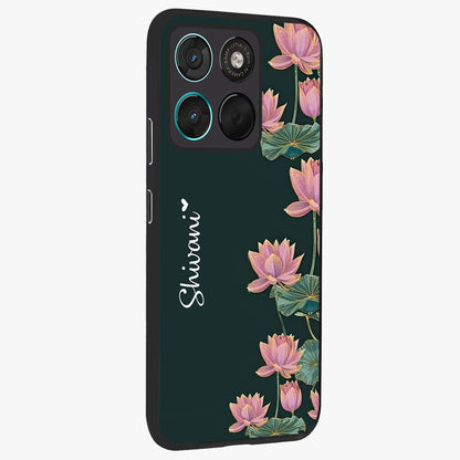 Lotus Bloom Serenity Custom Name Glass Case upright view showcasing serene lotus bloom artwork with personalized floral aesthetic.