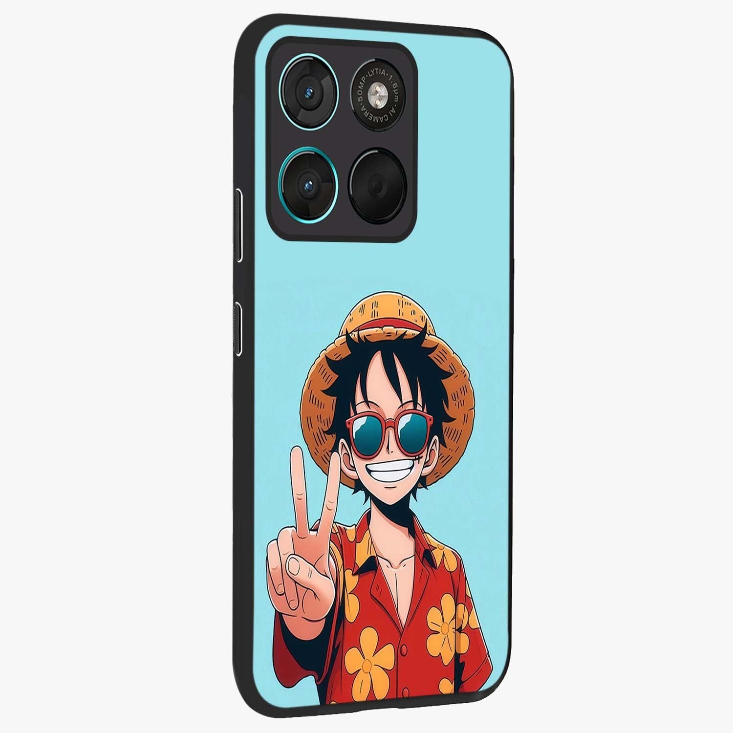 Luffy Summer Anime Vibe Glass Case upright view showcasing dynamic anime artwork with bright adventurous theme.