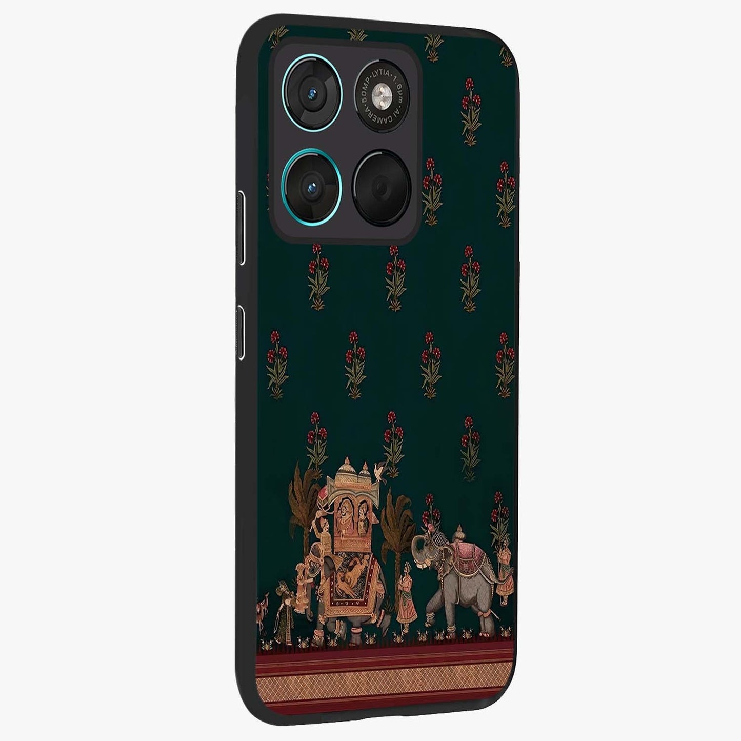 Macmerise Glass Case upright view showcasing bold artistic artwork with contemporary design theme.